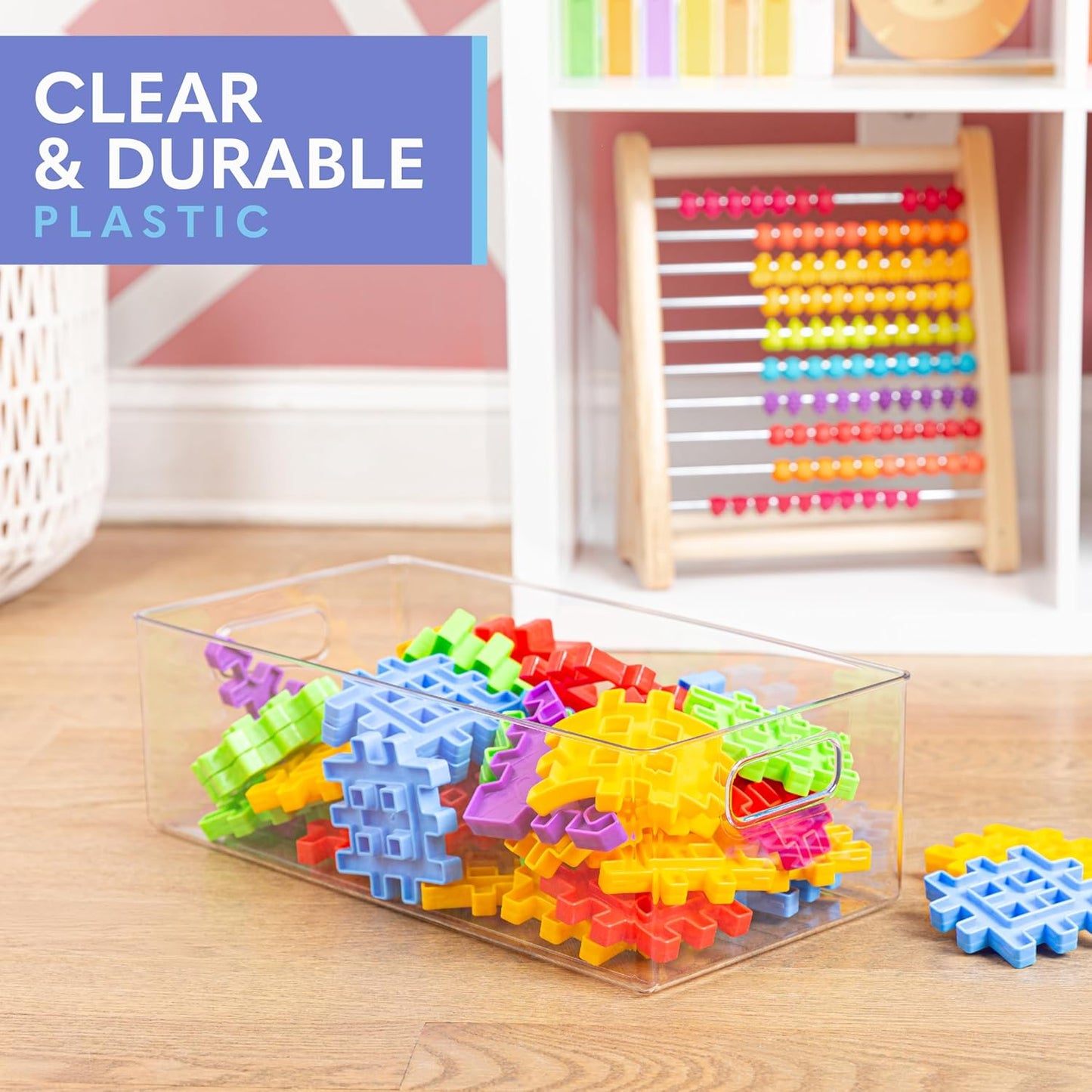 Plastic Food Storage 8 Pack Clear Container Bin with Handles for Organizing Kitchen, Pantry, Refrigerator, Freezer, Pantry, Cabinet, Closet, Bathroom. 16”x8”x5”