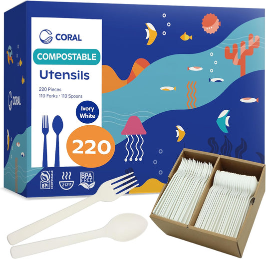 CORAL Ivory White 100% Compostable Spoons & Forks Set - 220 Pieces - No Plastic Utensil 110 Forks, 110 Soup Spoons - Break Resistant with Smooth Edges, Ocean Friendly Alternative to Plastic Silverware
