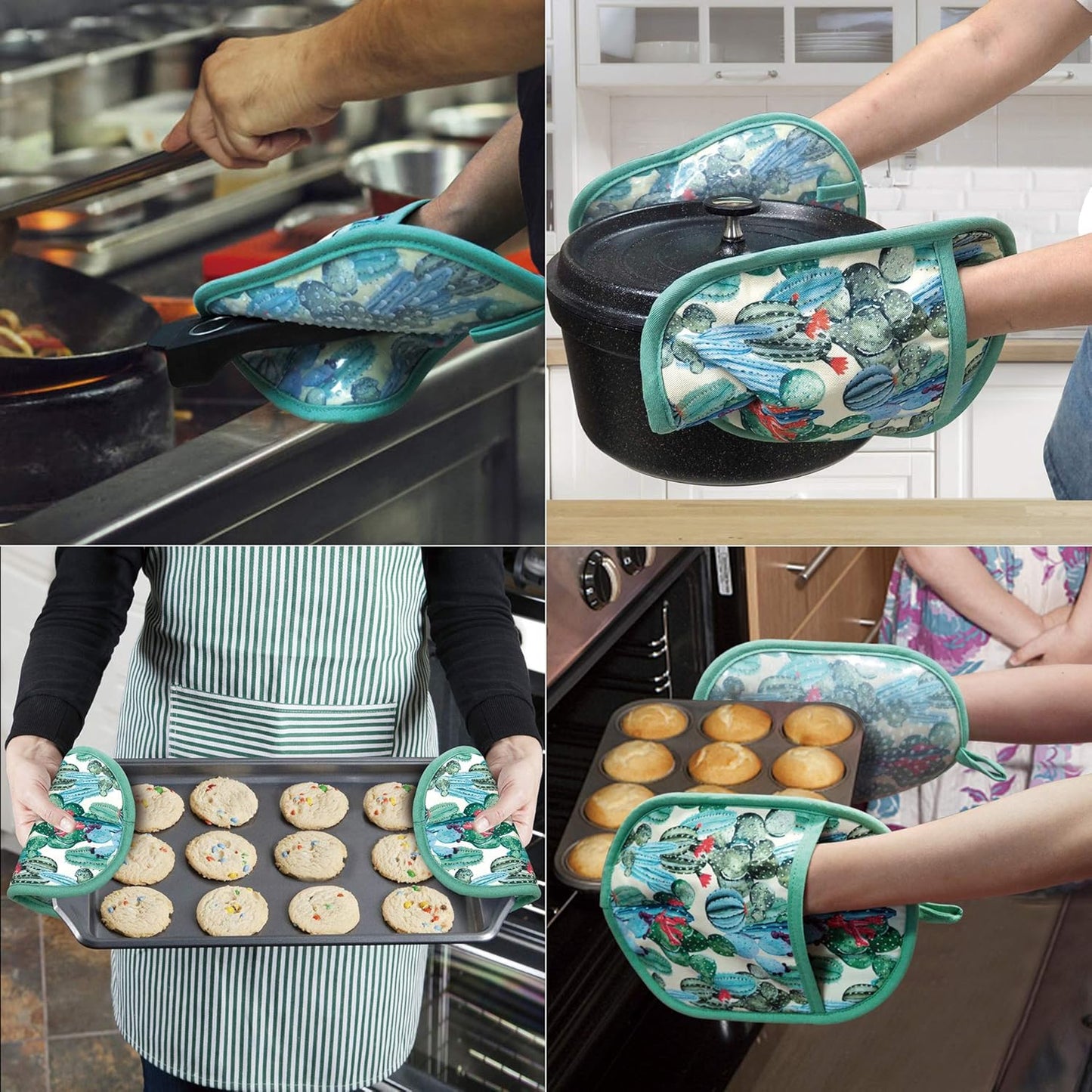 Pot Holders Set of 2 with Transparent Clear Silicone Shell and Nice Cactus Flower Cotton Lining, Heat Resistant to 500 F Kitchen Oven Gloves Pot Holder for Cooking (Cactus Flower, Potholders)