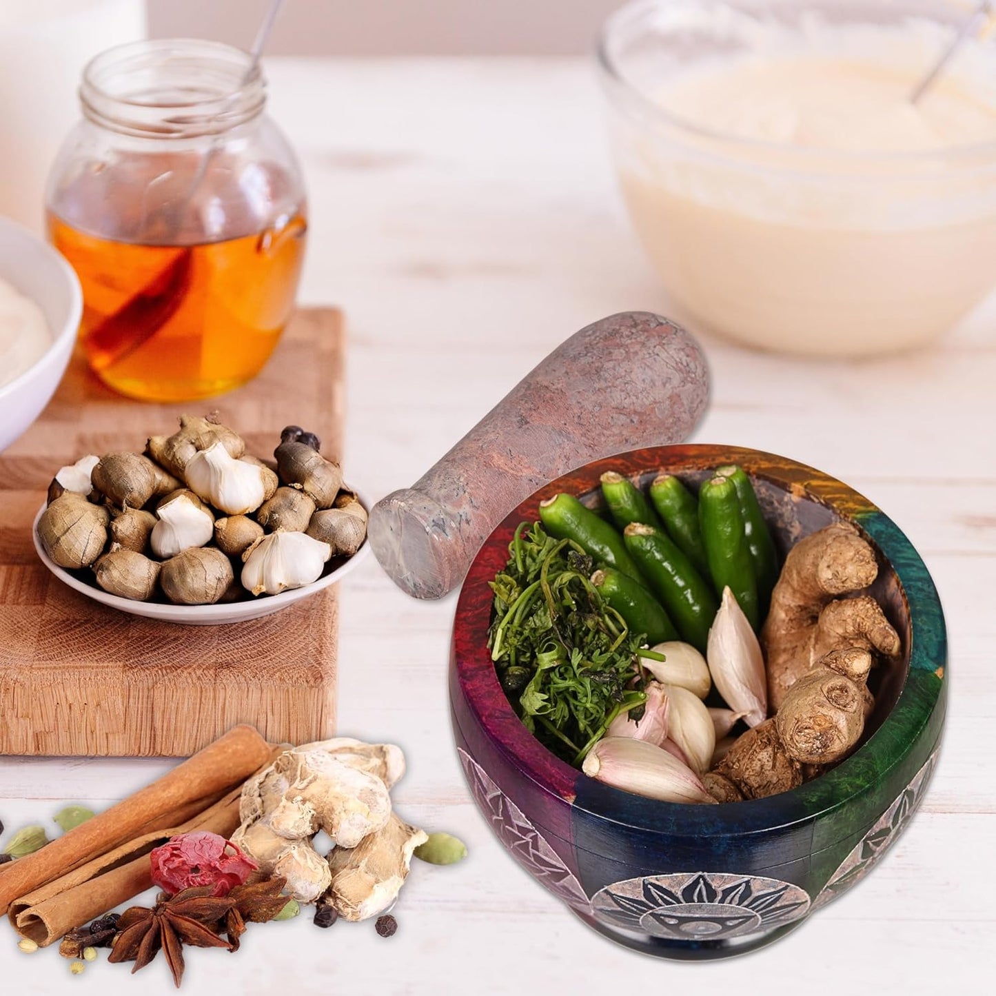 Mortar and Pestle, Made of Heavy Duty Polished Hard Stone, Natural Stone Grinder for Spices, Pastes, Herbs, Seasoning etc. (Rainbow)