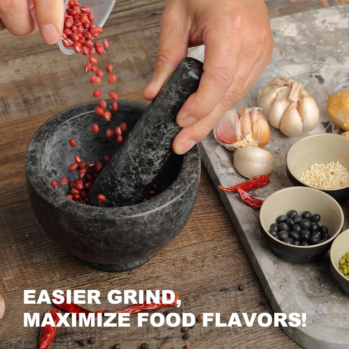 Koville African Natural Granite Mortar and Pestle Set, Grinder Bowl for Guacamole, Salsa, Pill Crusher, Spice, Herb, Garlic, Nut, Heavy Duty Grinder for Kitchen (Glossy Finish)