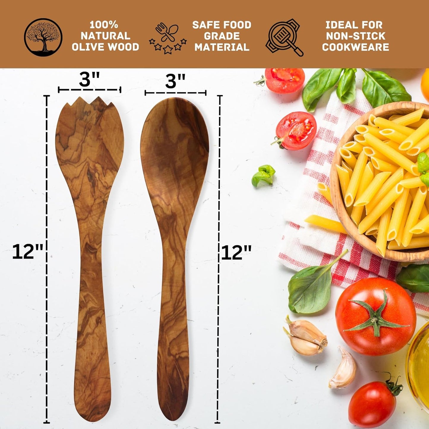 Olive Wood Salad Tongs 12 Inches Long Wooden Salad Spoons for Serving and Mixing, Salad Servers Set, Salad Tosser Utensils, Hardwood Salad Hands, Wooden Pasta Claw Fork With Teeth