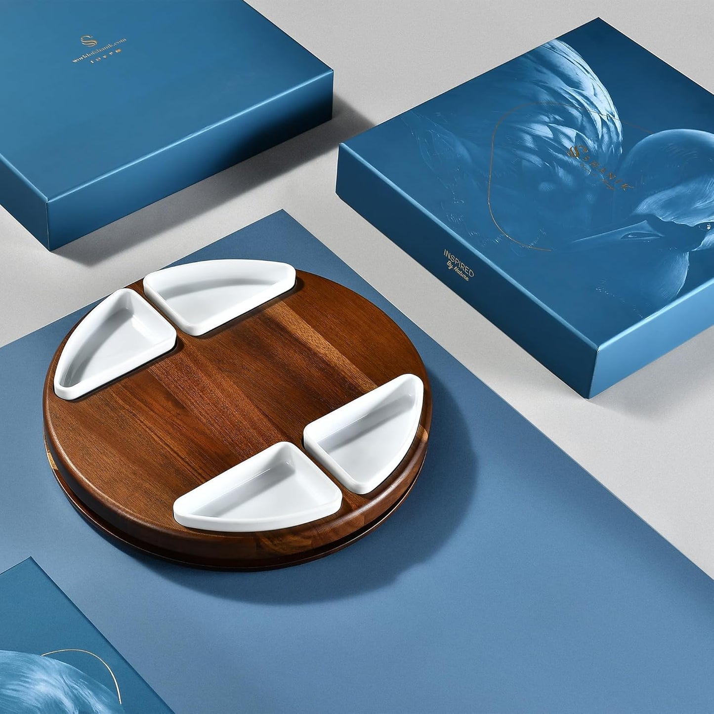 Shanik Upgraded Lazy Susan Cheese Cutting Board Set - Round Acacia Charcuterie Board With 4 Ceramic Bowls - Wedding Gifts - Cheese Serving Platter - Bridal Shower