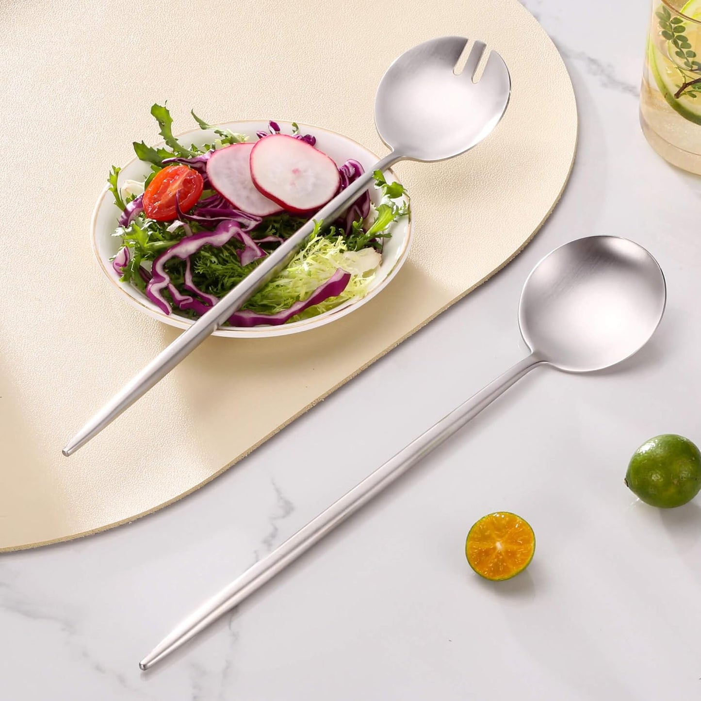 Salad Serving Utensils,Serving Spoons Stainless Steel,2Pcs Long Handle Salad Servers 11.42 Inch,Salad Utensils for Serving,Matte Finish,Dishwasher Safe