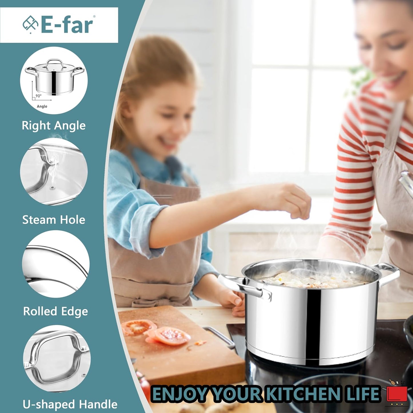 E-far 6 Quart Stock Pot with Lid, Stainless Steel Stockpot for Cooking Simmering Soup Pasta Sauce, with Tri-Ply Bottom & Visible Cover, Induction/Gas/Dishwasher Safe, Heavy Duty & Non Toxic