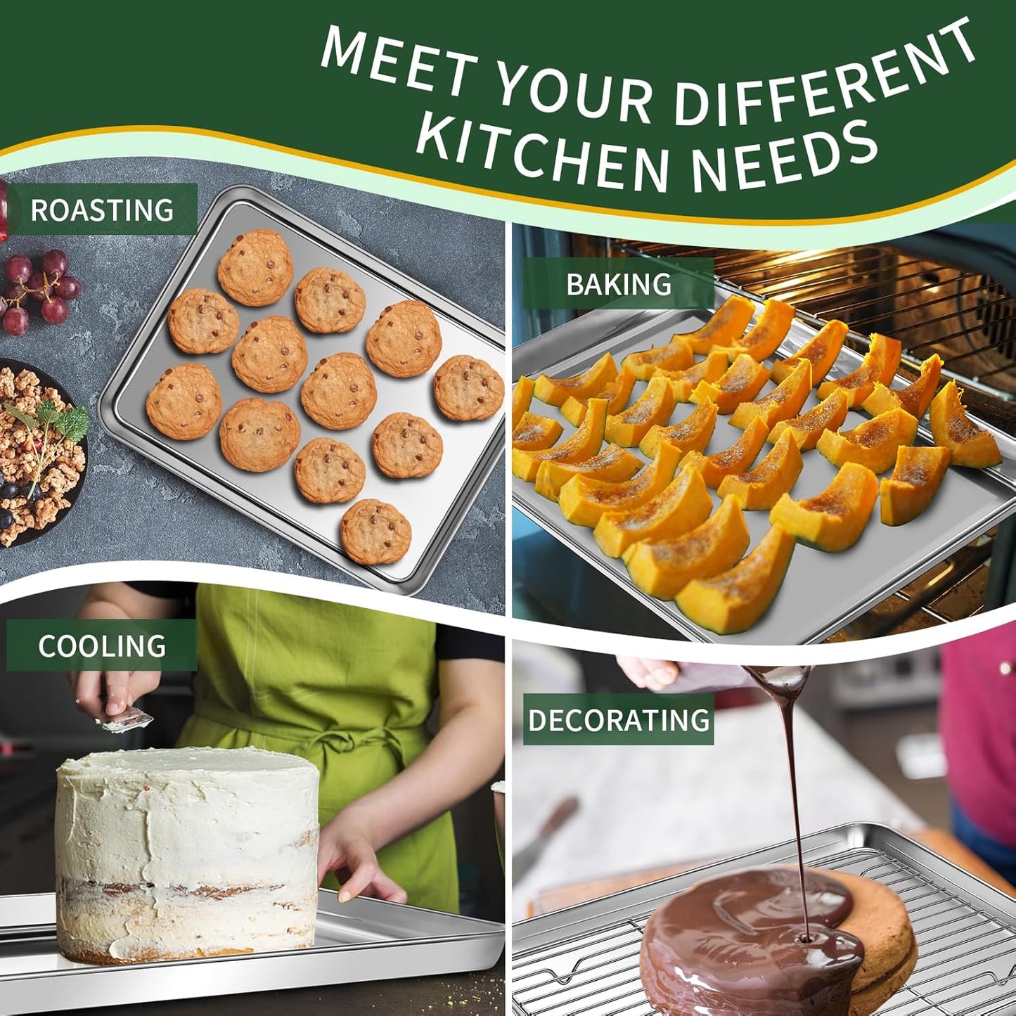 Baking Sheet with Wire Rack Set [2 Quarter Sheet Pans + 2 Wire Racks ], CEKEE Stainless Steel Cookie Sheets for Baking with Baking Rack, Non Toxic & Heavy Duty & Easy Clean, Size 12 x 10 x 1 Inch