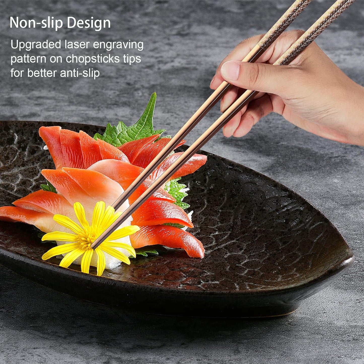 Metal Chopsticks Reusable Multicolor Stainless Steel Chopsticks Dishwasher Safe Chop Sticks Laser Engraved Copper Coin Pattern Square Non-slip, 9 1/4 Inches 5 Pairs Gift Set