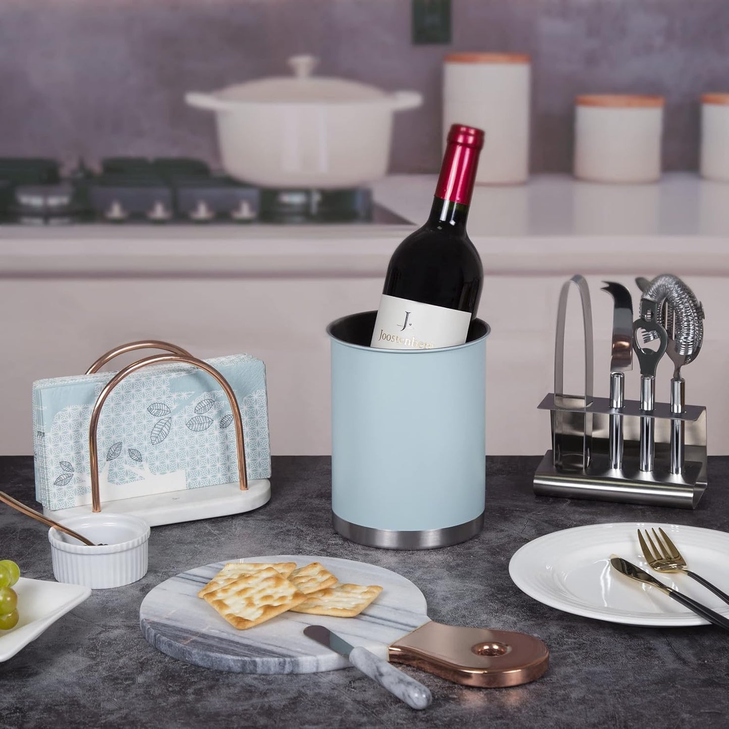 Creative Home Stainless Steel Utensil Holder– 6.3" Large Cooking Tool Organizer for Kitchen Decor and Countertop Storage, Stable Anti-Tip Design, Durable Powder-Coated Finish, Ocean Blue