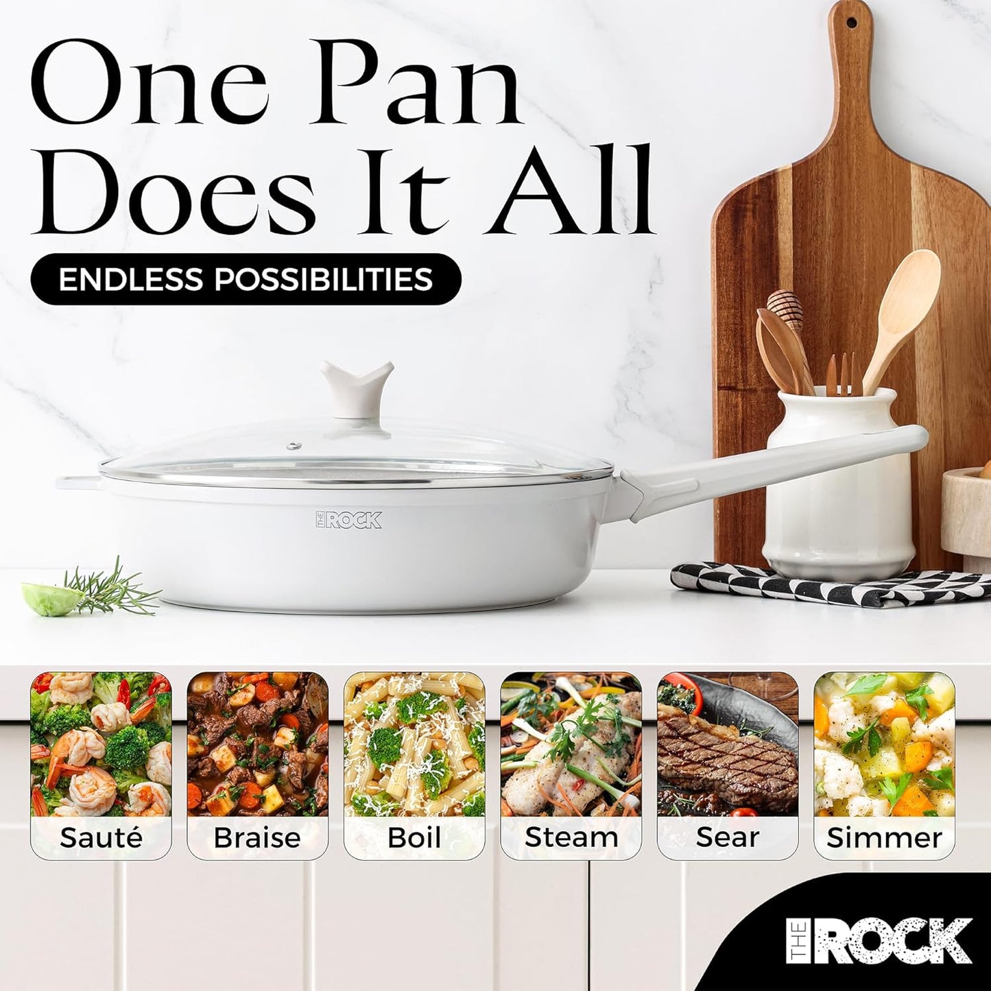 THE ROCK SOHO 4 Qt Nonstick Deep Frying Pan Skillet with Glass Lid, 11 Inch Large Deep Frying Pan, Ceramic Non Toxic Skillet with Heat-Resistant Handle, PFOA & PFAS Free, Oven & Dishwasher Safe, Cream