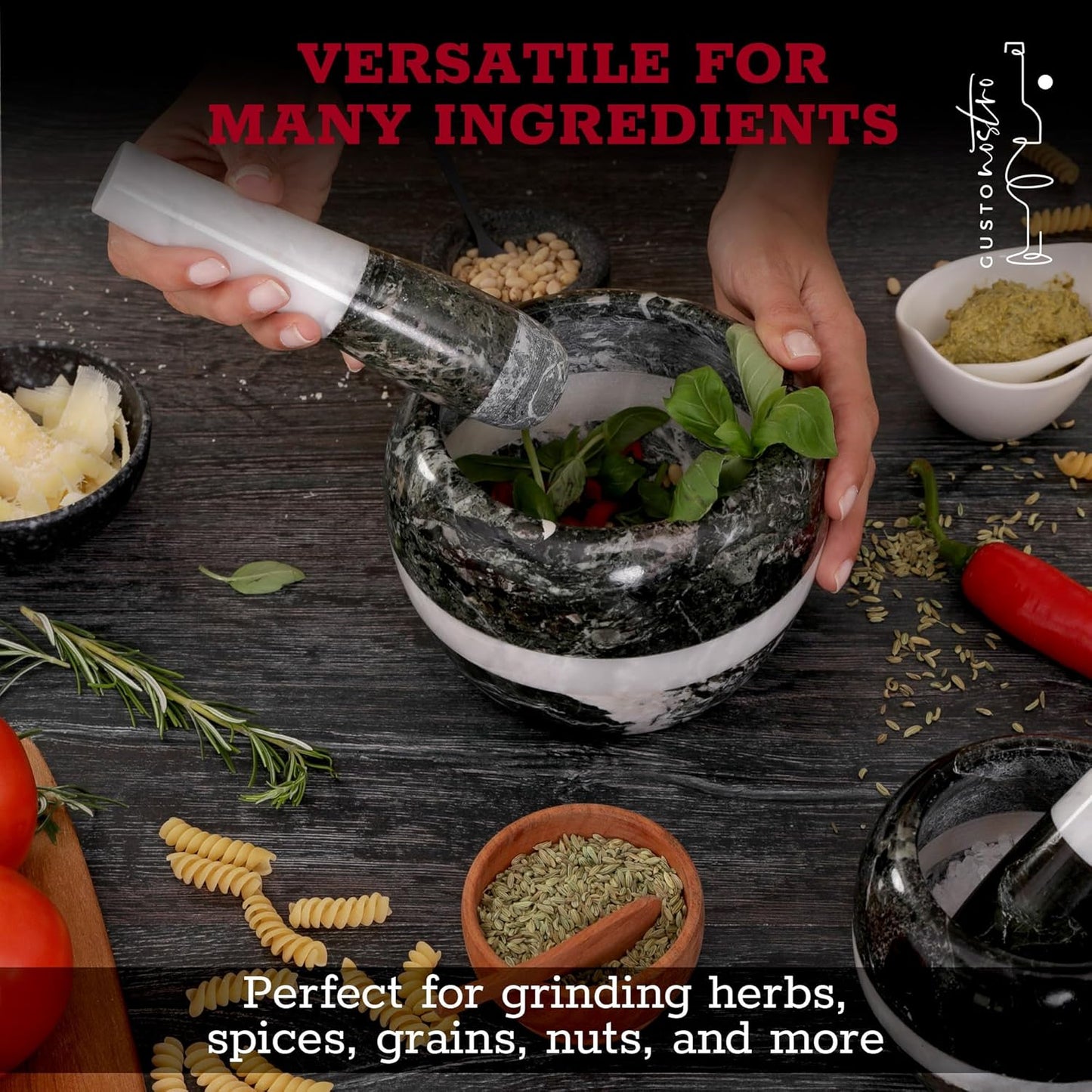 Gusto Nostro Natural Marble Mortar and Pestle Set | 5 Inch - 2.5 Cup Large Mortar Pestle Set for Grinding Herbs, Nuts, Grains | Pesto Grinding and Guacamole Stone Bowl | Marble Spice Crusher