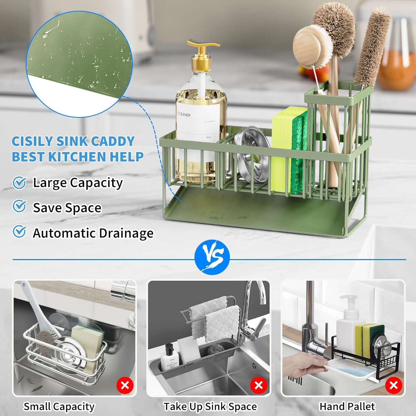 Cisily Kitchen Sink Caddy - Sponge Holder and Organizer with High Brush Holder, 304 Stainless Steel, Sage Green