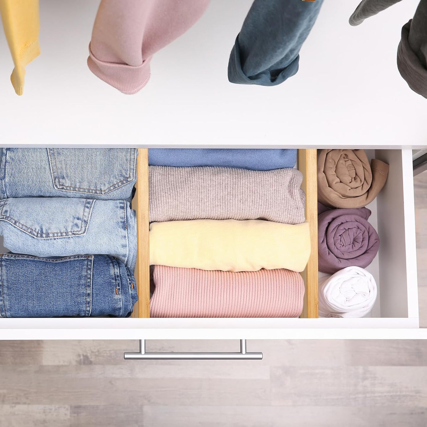 Fabsome Dresser Drawer Organizers 6 Pack, 4.65'' High Adjustable from 12.5-17‘’ Bamboo Drawer Dividers for Clothing Baby Clothes, Wooden Separators for Dresser Nursery Organization with Soft Foam Ends