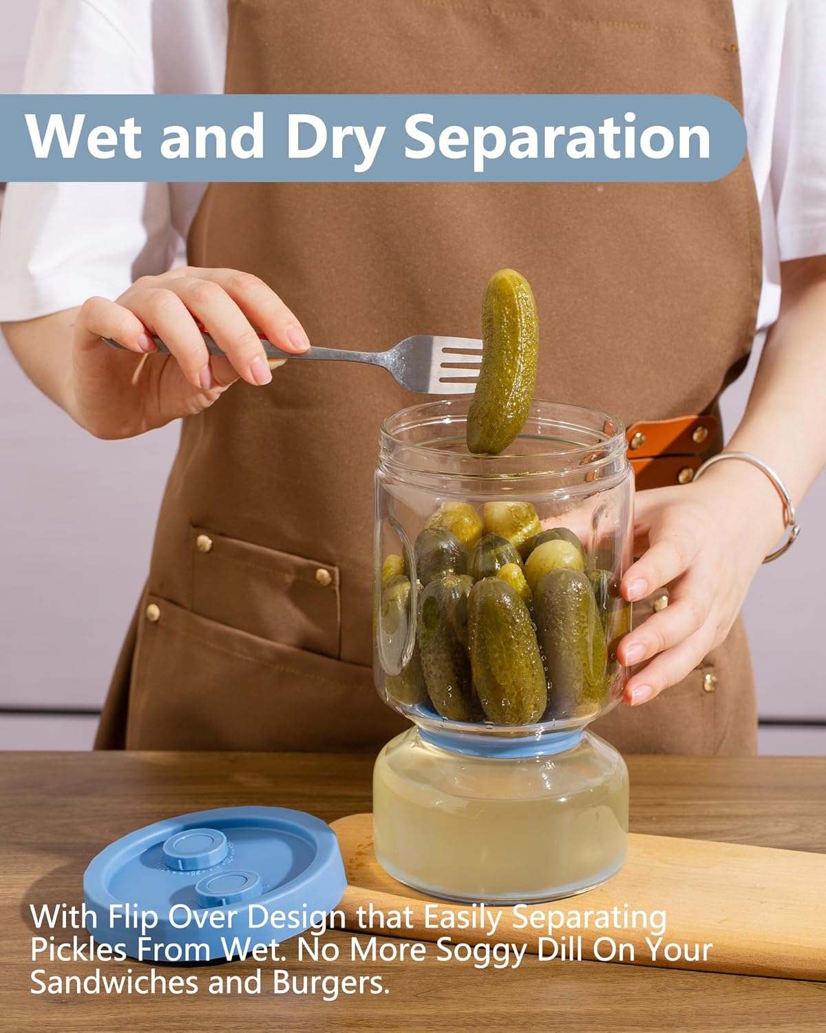 ZENS Pickle and Olive Hourglass Jar with Strainer Flip for Pickle Juice Separator from Wet and Dry, Leak-proof Airtight Container Pickling Jars for Dill Sliced Storage, Gifts for Mom