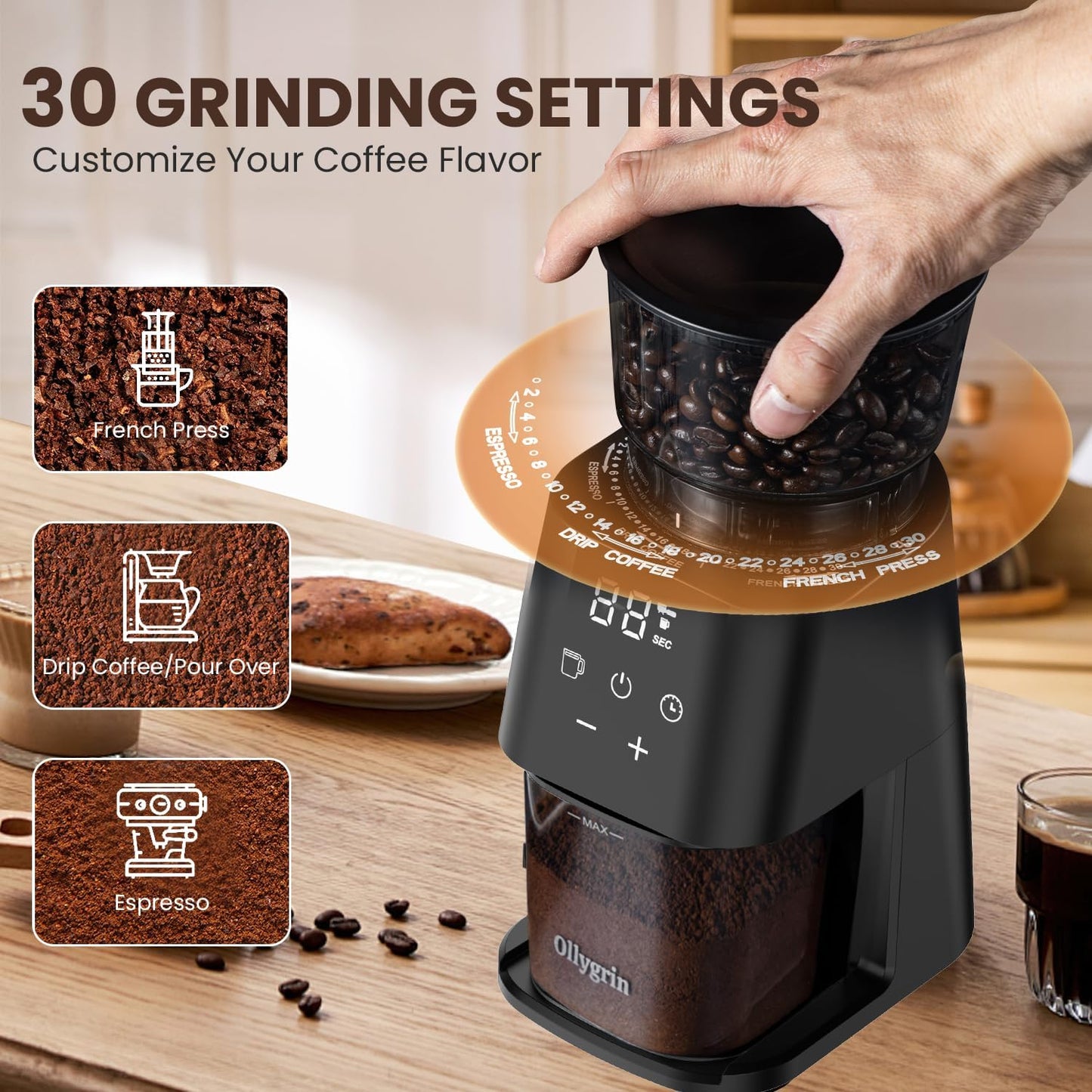 Conical Burr Coffee Grinder with Touch Panel, Adjustable Coffee Bean Grinder with 30 Grinding Settings,2-12 Cups for Espresso,French Press & Drip Coffee