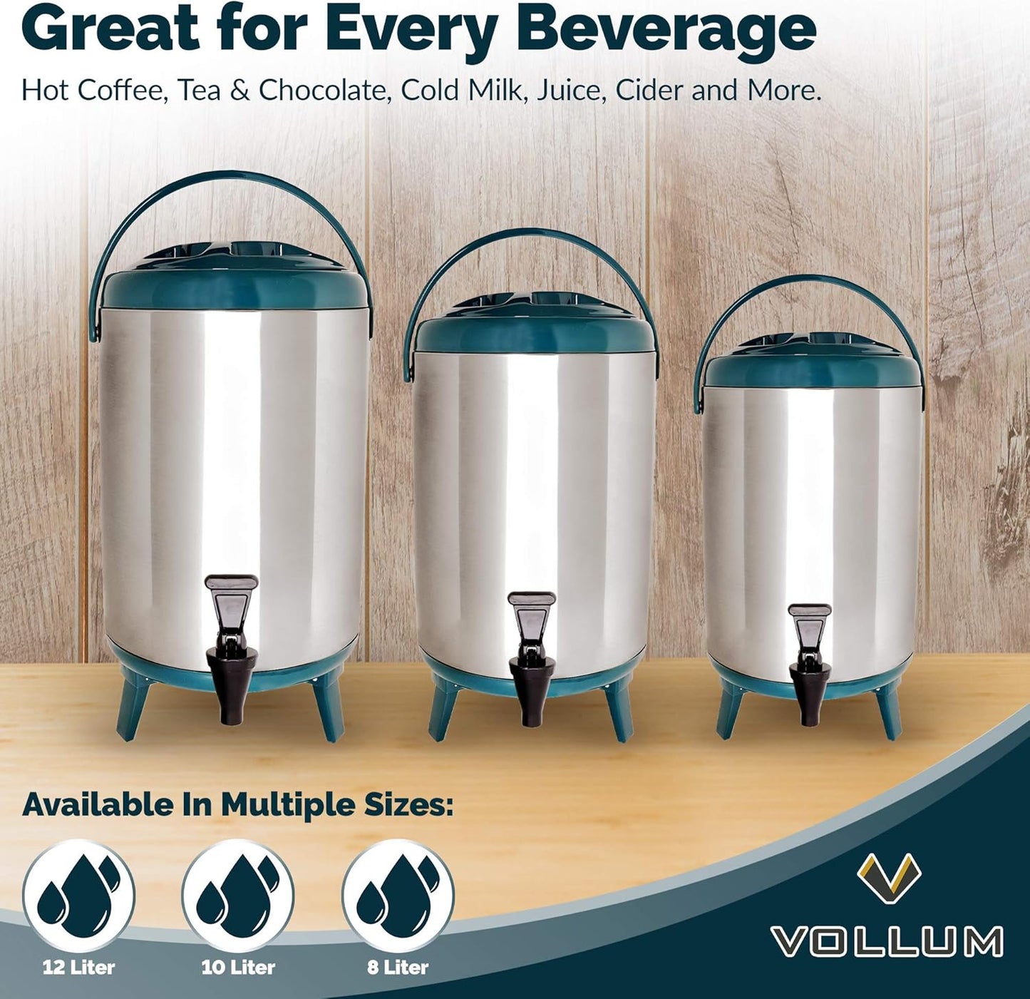 Stainless Steel Insulated Beverage Dispenser – Insulated Thermal Hot and Cold Coffee Carafe – 10 Liter Drink Dispenser with Spigot for Hot Water, Tea & Coffee, Cold Milk, Juice & More Teal