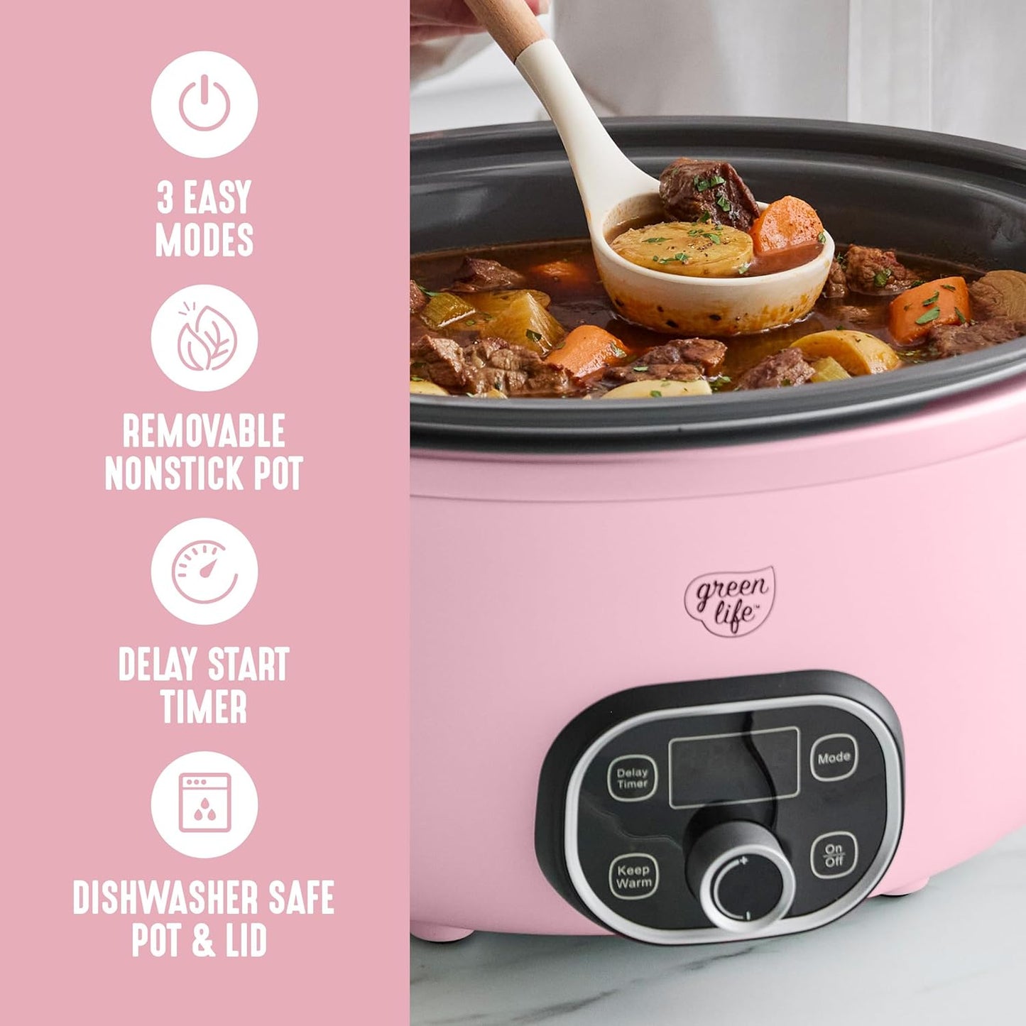 GreenLife 6QT Slow Cooker, Non-Toxic PFAS-Free Ceramic Nonstick Removable Interior Bowl, Programmable, Family Friendly, Keep Warm, Stovetop & Oven Safe, Dishwasher Safe Parts, Timer, Glass Lid, Pink