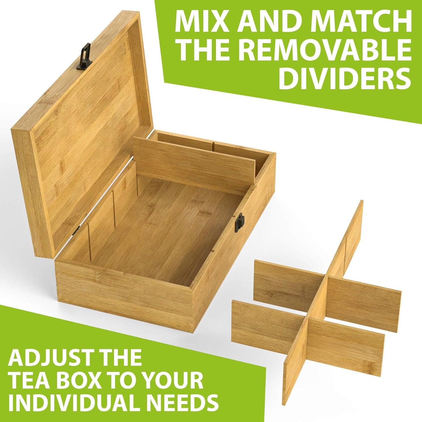 Tea Organizer Box Food Safe Chemical Free Bamboo Wood Storage Chest Big, Tall, Adjustable Cubbies (8-Slot 14.3" x 8.1" x 4.2" with TEA print design)