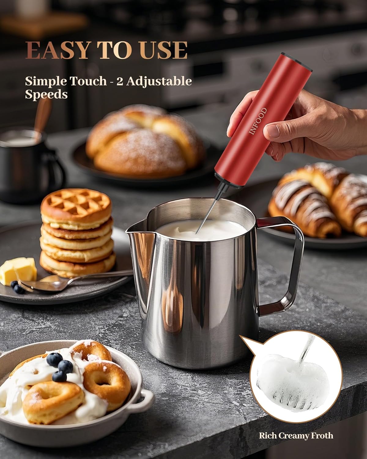 Milk Frother Rechargeable with Cover - Coffee Frother Wand, Drink Mixer Handheld with 2 Detachable Stainless Whisks 2 Speed Adjustable for Latte, Cappuccino, Hot Chocolate, Egg, Red