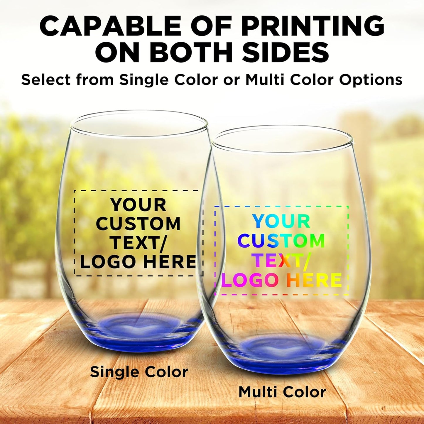 DISCOUNT PROMOS 100 ARC Stemless Wine Glasses Set, 21 oz. - Customizable Text, Logo - Chardonnay, Cabernet, Merlot, Sauvignon - Blue