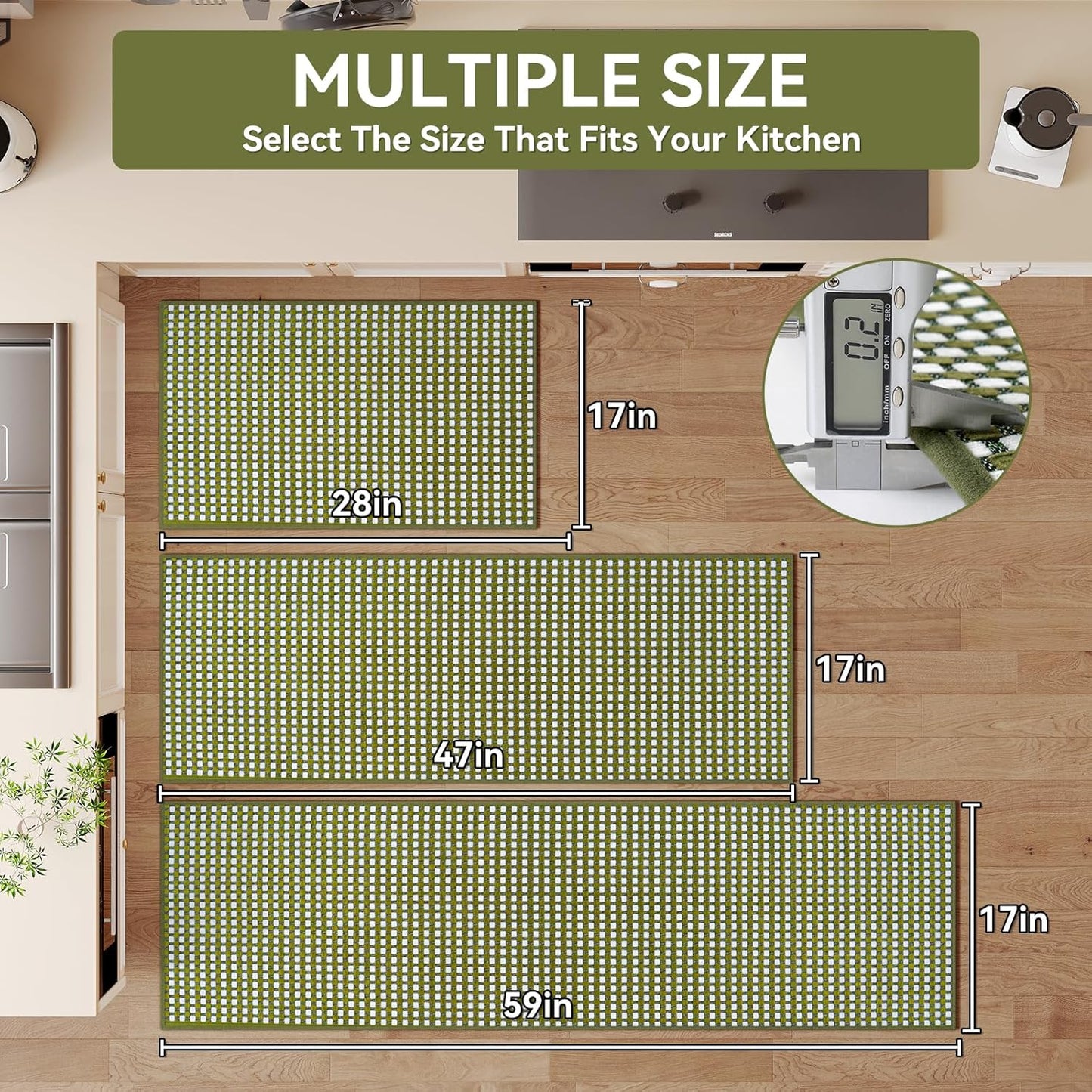 Kitchen Rugs Non Slip Washable, Rubber Backing Soft Chenille Braided Kitchen Mats for Floor, Super Absorbent Kitchen Runner Rug Standing Mat Sink Mat, Easy to Clean, Green 17"x47"