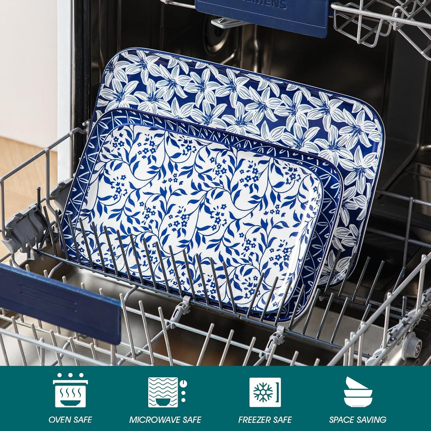 vancasso Serving Platters Set of 3, 16"/14"/12" Inch Rectangular Trays - Serving Platter Extra Large, Ceramic Serving Dish Microwave & Dishwasher Safe (Vintage Blue A)