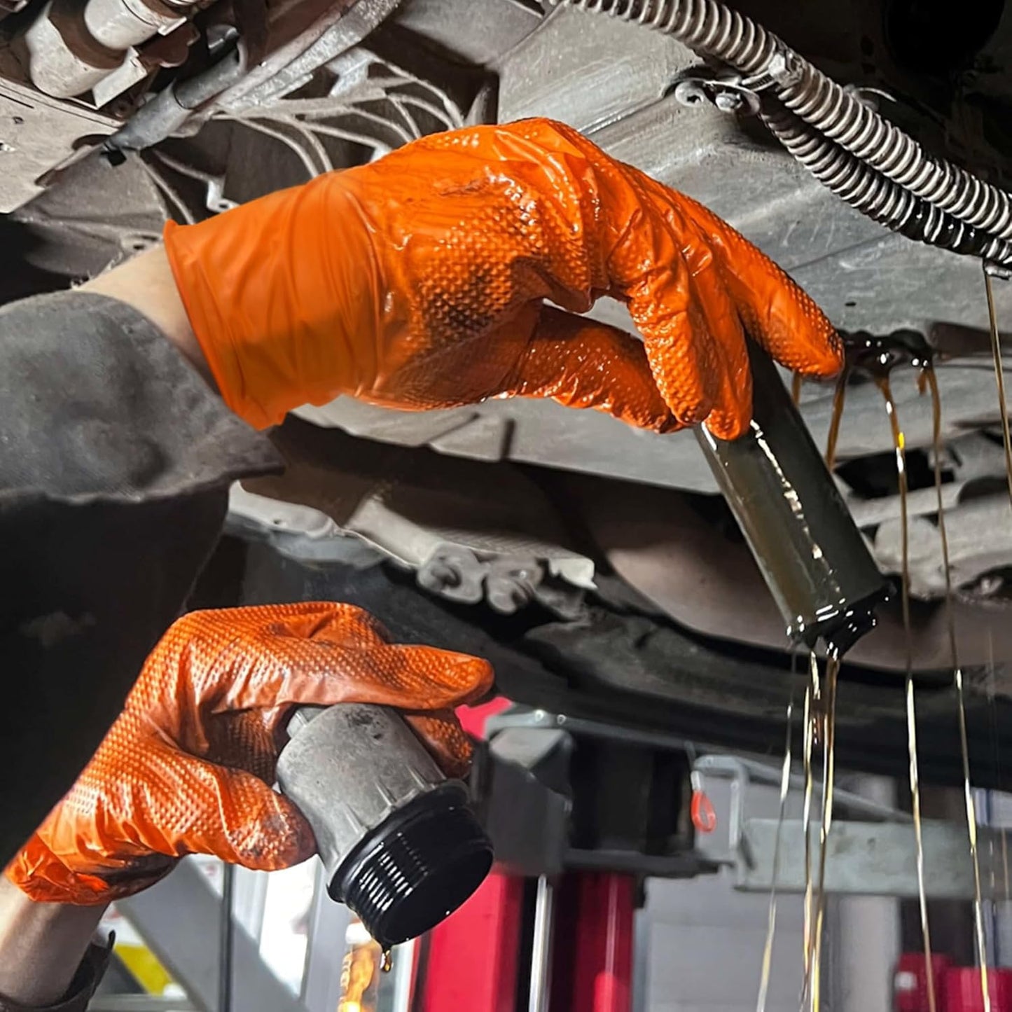 TitanFlex Heavy Duty Orange Nitrile Gloves, 6 Mil, Raised Diamond Texture, Mechanic Disposable Gloves, Latex Free Powder Free