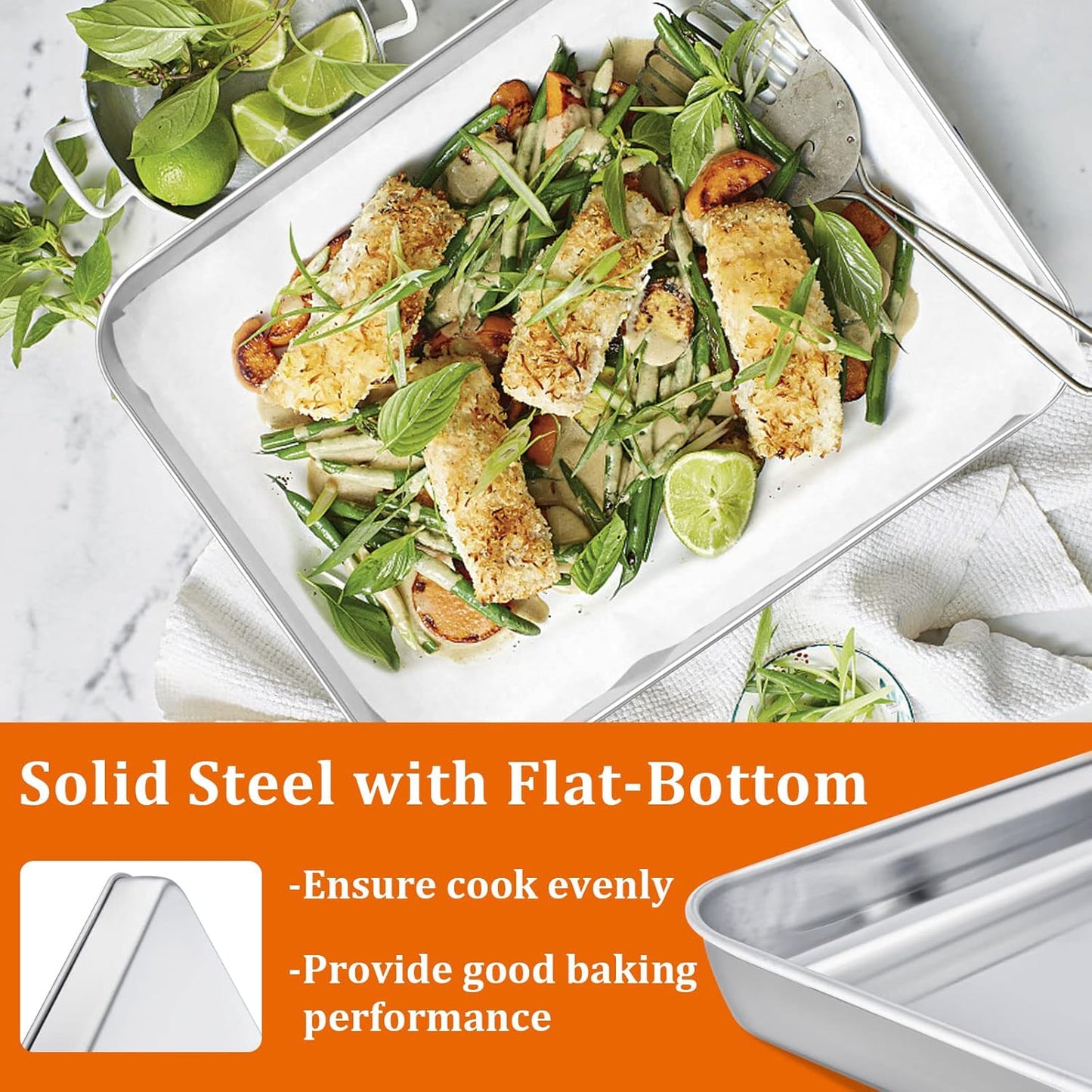 Small Baking Sheet Set of 2, E-far 10.5”x8.3” Stainless Steel Cookies Sheet Pan for Toaster Oven with 50 Parchment Paper, Rectangle Baking Tray for Cooking, Rust Free & Heavy Duty, Dishwasher Safe