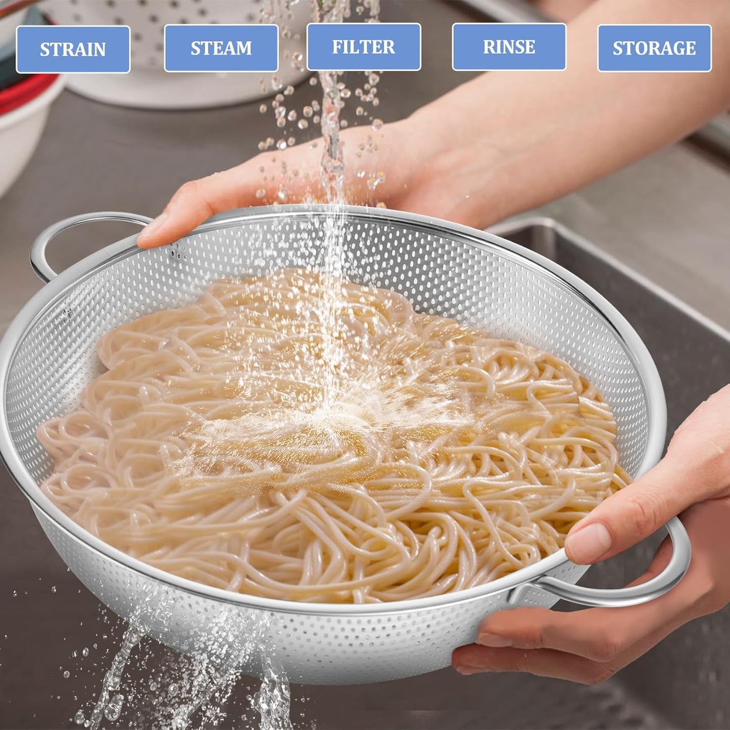 TeamFar Colander Set of 3, Stainless Steel Perforated Metal Colander Strainer with Handles for Spaghetti, Pasta, Berry, Rust Free & Dishwasher Safe - 1/3/5-quart