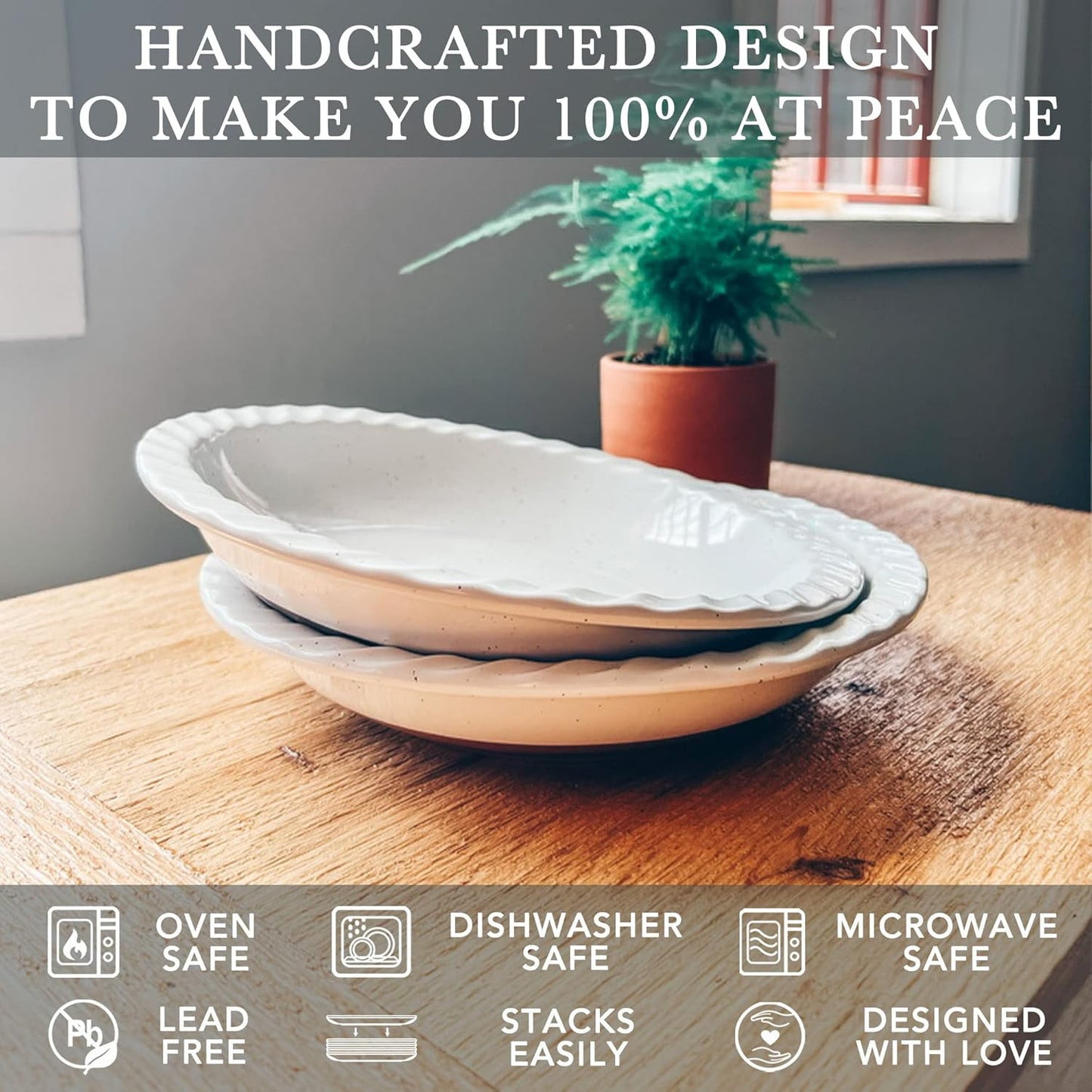 Mora Ceramic Classic 9 Inch Pie Pan Set of 2 - Round Pie Plate for Baking Apple/Pumpkin Pies, Quiche, Rolls, etc. Dishwasher and Oven Safe Dishes, Shallow Pans for Original Recipes - Vanilla White