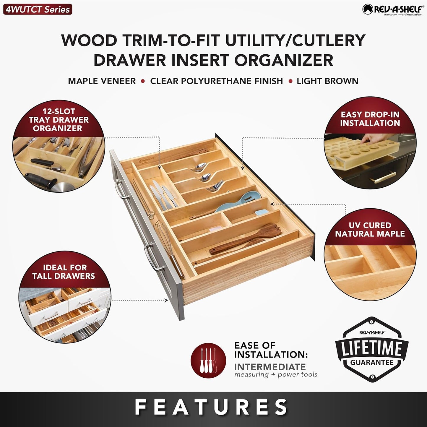 Rev-A-Shelf Trim-to-Fit Silverware Drawer Organizer For Kitchen Utensils, Cutlery Cabinet Storage Divider Insert, 33" x 22", Maple Wood, 4WUTCT-36-1