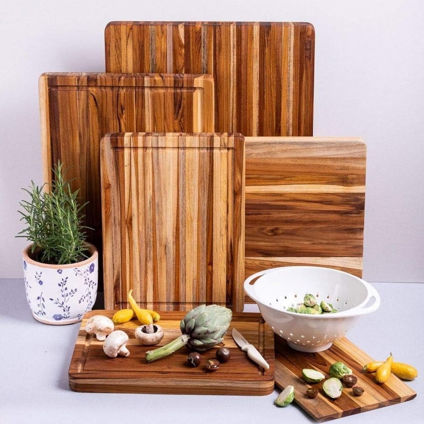 Teakhaus Cutting Board - Small (S) Wood Cutting Board with Juice Groove and Grip Handles - 14”L x 10”W - Thin, Lightweight, Reversible Teak Edge Grain Wood - Knife Friendly - FSC Certified