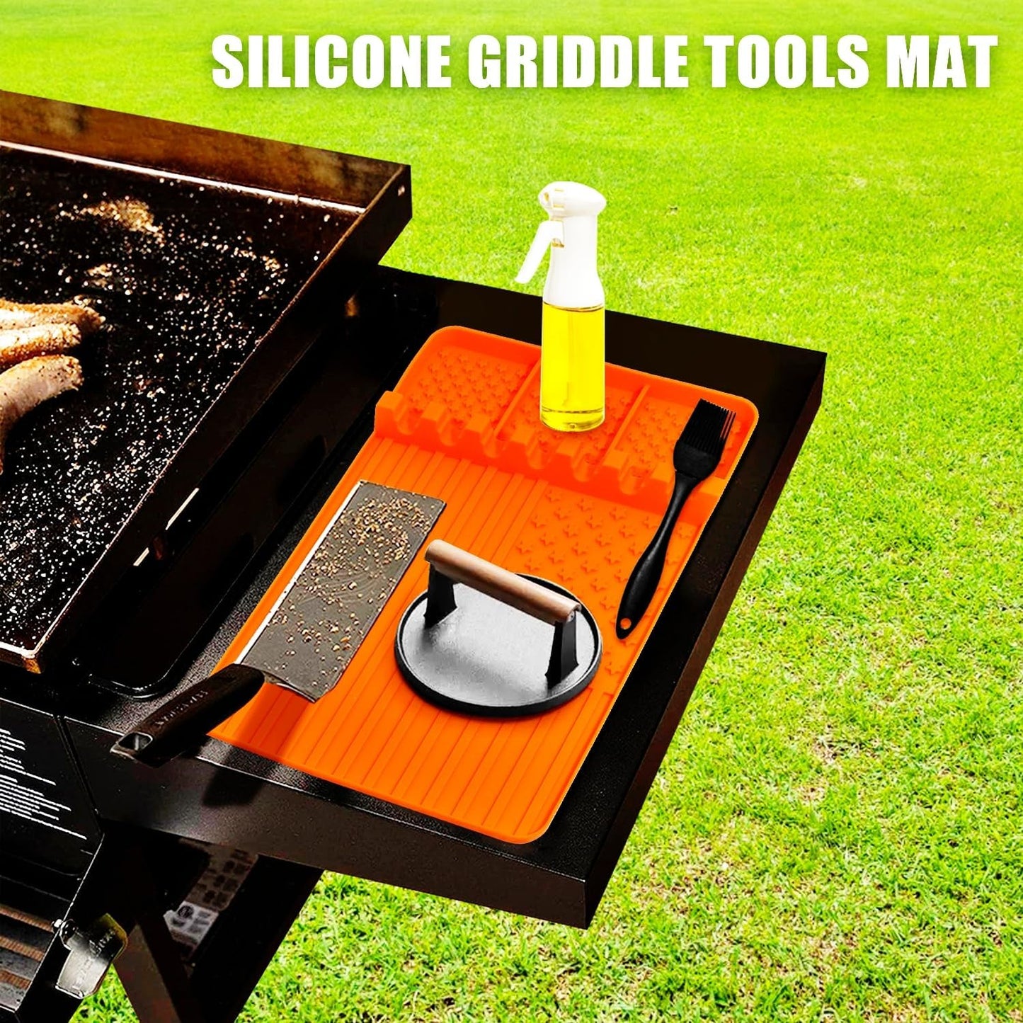 Silicone Griddle Tools Mat for Blackstone,Grill BBQ Caddy Utensils Holder for Kitchen,Cooking & Countertop,Large Spatula Mat with Drip Pad,Griddle Accessories for Blackstone (Orange)