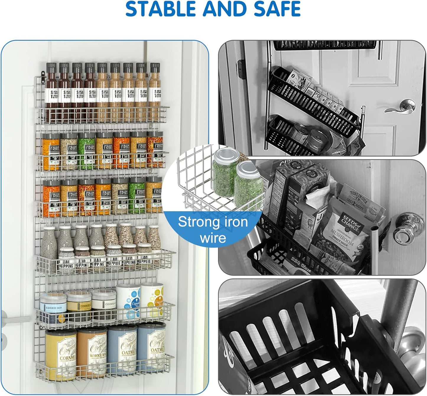 JKsmart Spice Rack Organizer 6-Tier Wall Mounted & Over the Door Spice Racks for Kitchen Pantry Bathroom,Two Size, Large Capacity, Silver