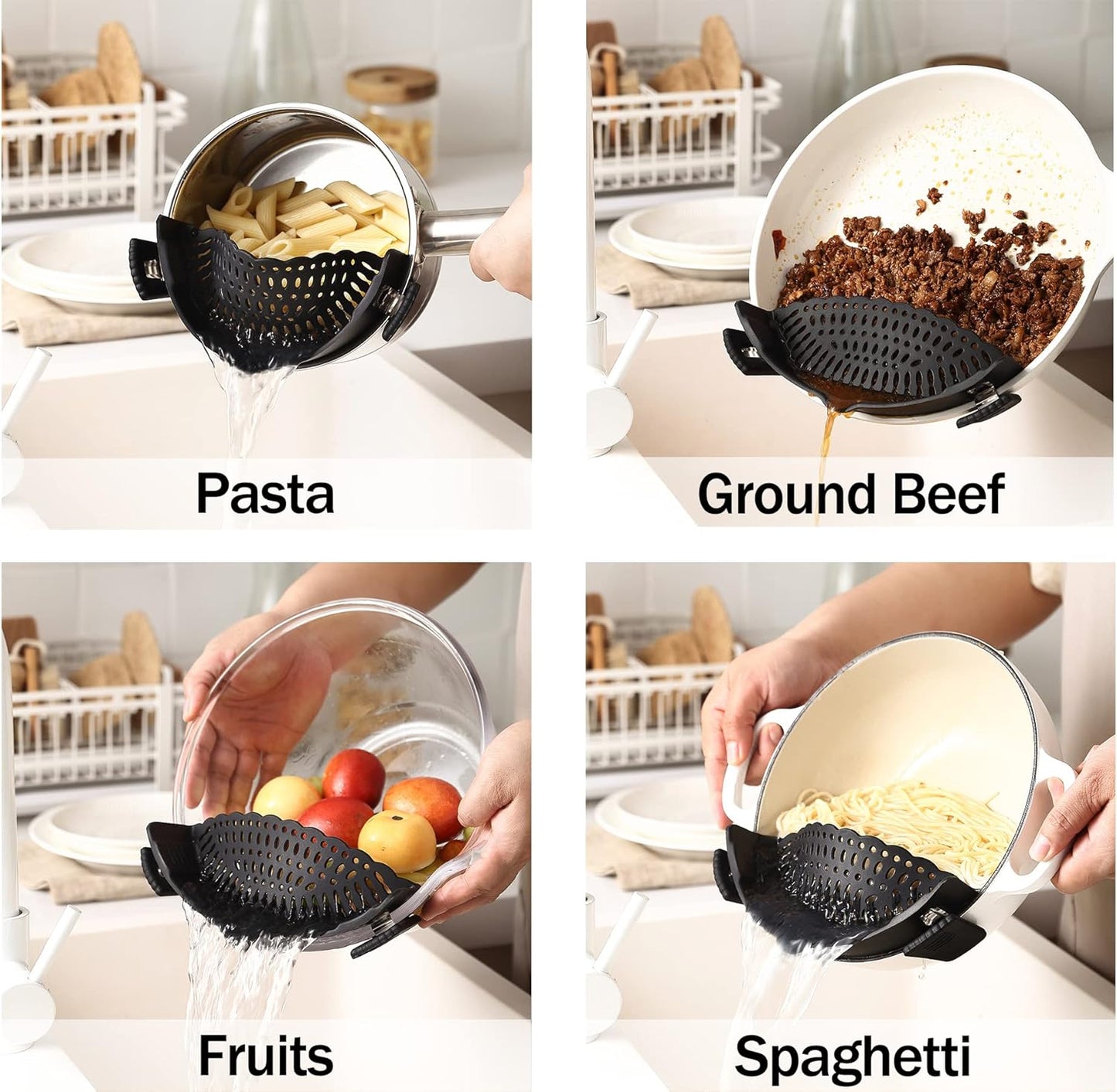 Adjustable Over the Sink Colander Strainer, Silicone Clip On Strainer for Pots Strainers and Plastic Colanders Drainer Basket for Food Pasta Vegetables Kitchen, Extendable 14.5"-19.5", Grey