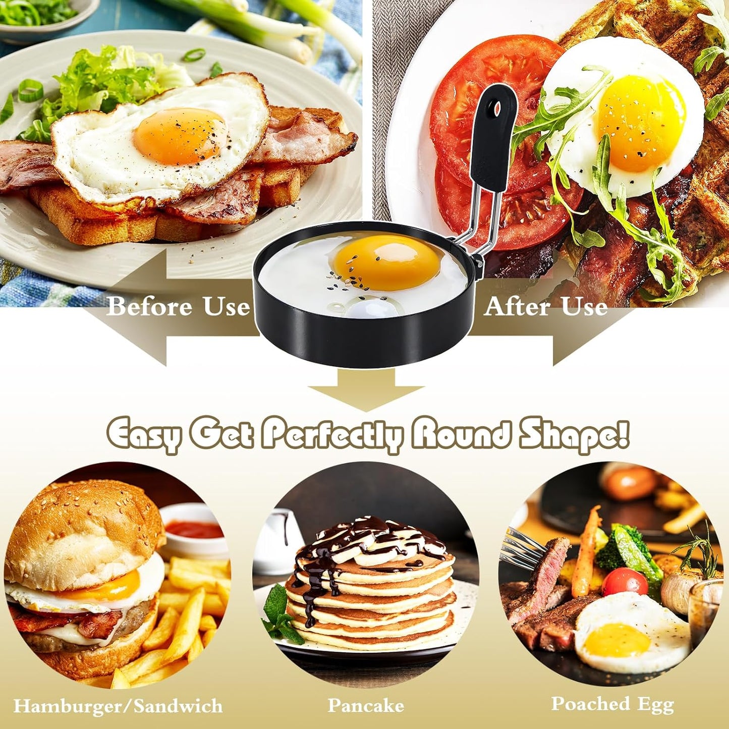 Round+Heart Egg Rings Set with Silicone Handle, Stainless Steel Egg Cooking Rings，Nonstick，For Frying Eggs and Egg Mcmuffins, Egg Mold For Breakfast