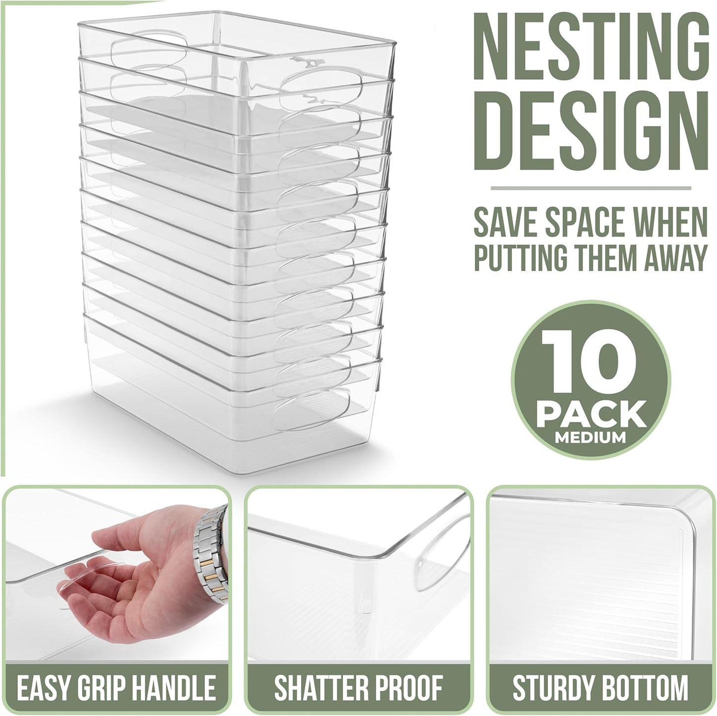 Sorbus 10-Pack Medium Clear Plastic Organizing Bins – Clear Bins for Organizing, Refrigerator Organizers, Fridge Organizer, Pantry Storage, Kitchen Organizer, and Pantry Organizers and Storage Bins