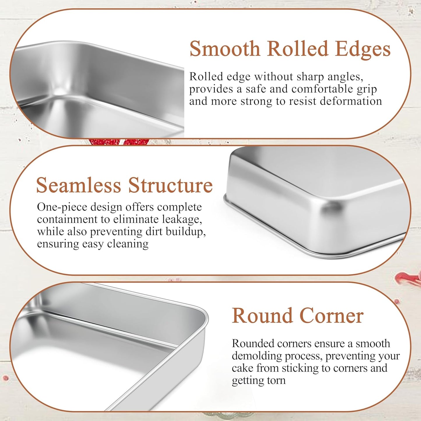 LIANYU Baking Pan Set of 2, 12⅓ x 9¾ x 2 Inch Cake Lasagna Brownies Casseroles Pan, Rectangle Stainless Steel Bakeware Set for Baking Roasting Toaster Oven, Dishwasher Safe