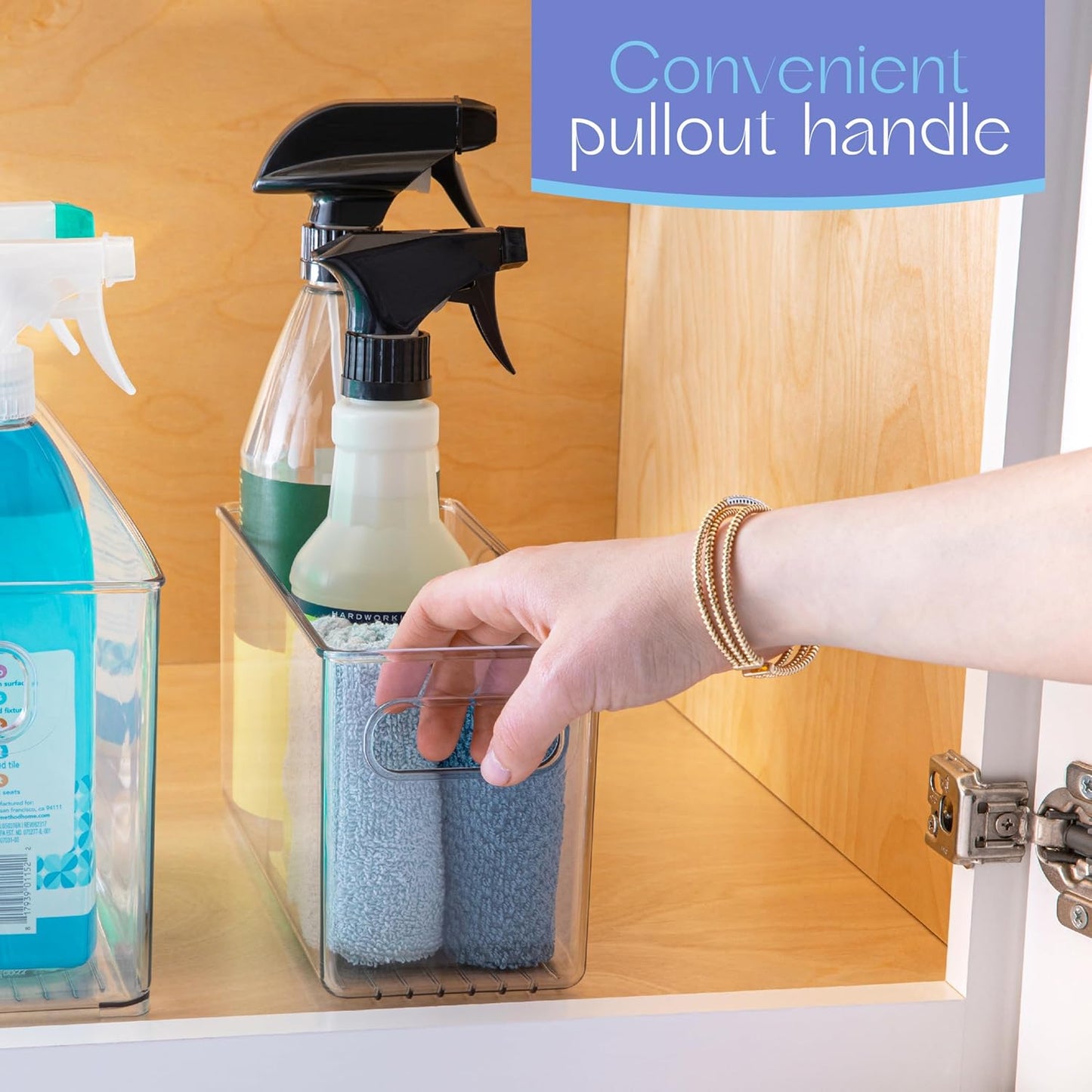 Plastic Food Storage 2 Pack Clear Container Bin with Handles for Organizing Kitchen, Pantry, Refrigerator, Freezer, Pantry, Cabinet, Closet, Bathroom. 10”x4”x5”