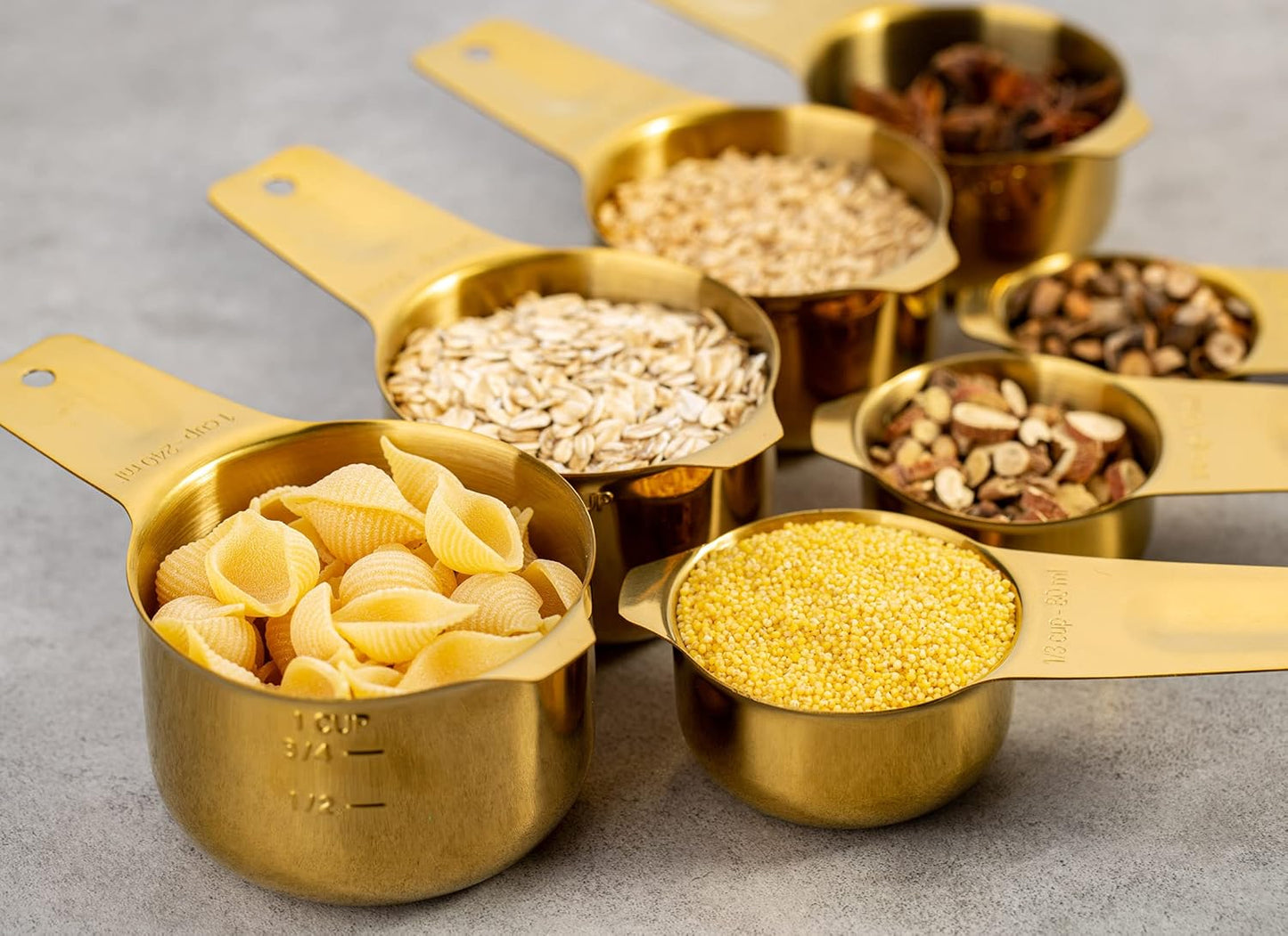 Set of 7 Heavy Duty Measuring Cups, 18/8 Stainless Steel with Ring Connector, Gold
