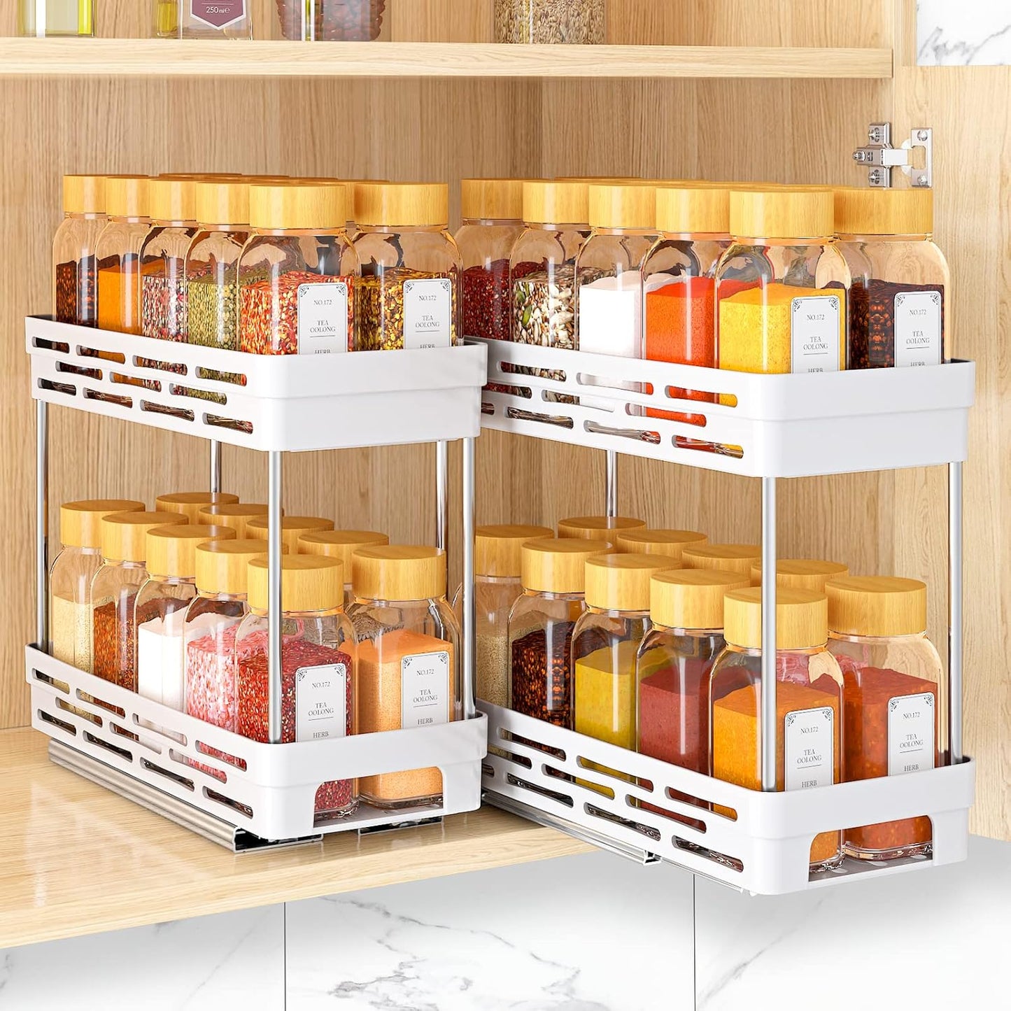 Pull Out Spice Rack Organizer for Cabinet, 2 Pack Slide Out Spice Racks Organizer, Spice Cabinet Organizers, Cabinet Size Need:12'' Highx11'' Deepx5'' Wide,Hold 10 Spice Jar Each Tier-2Tier, White
