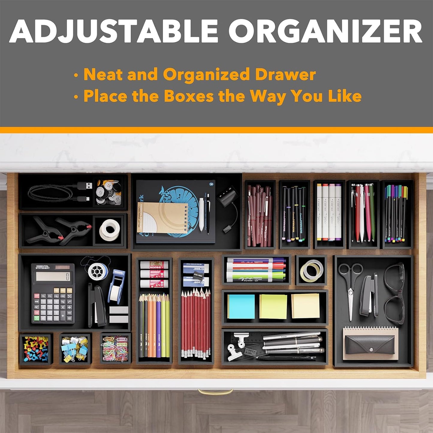 SpaceAid 21-Piece Bamboo Drawer Organizer Storage Boxes Set, Wood Tray Junk Drawer Organizers Multi-Use Divider Bins for Kitchen, Bathroom, Office Desk and Makeup Organization (21 Pack, Black)