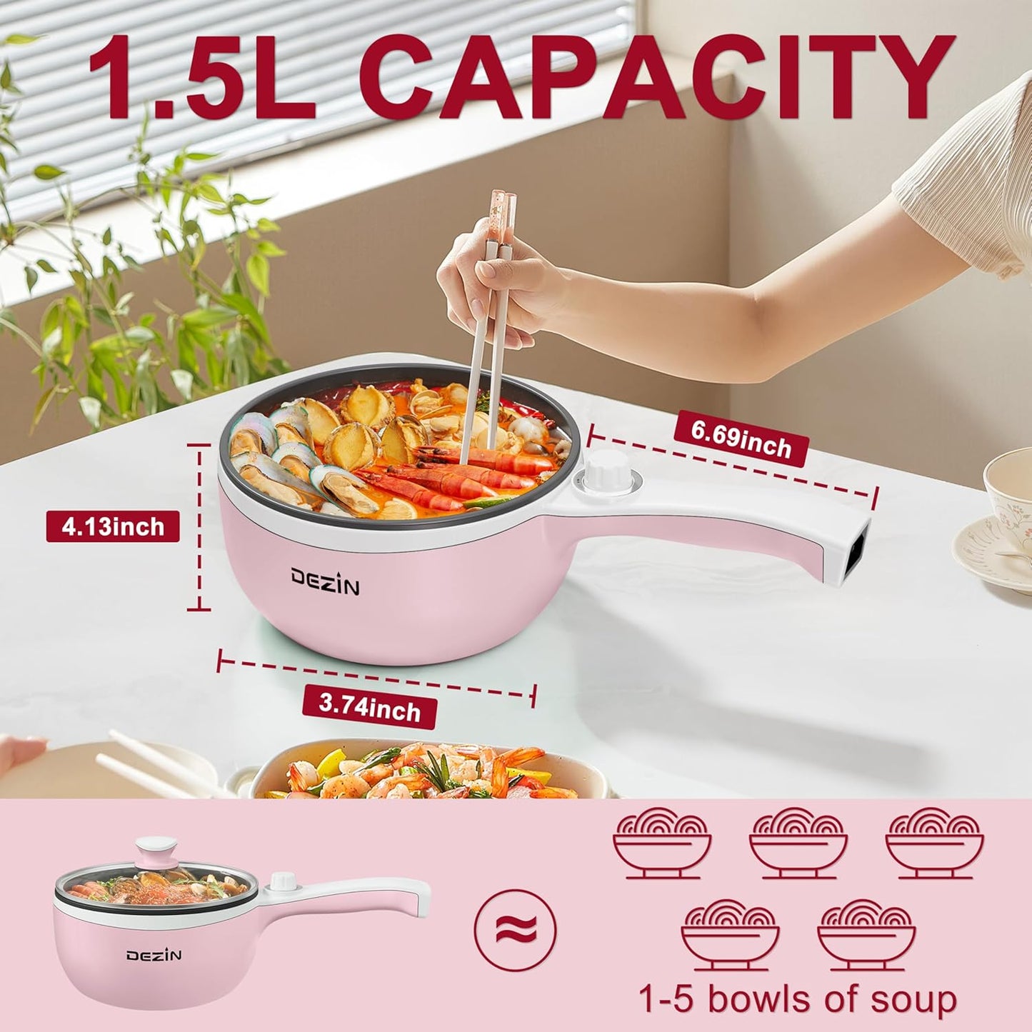 Dezin Hot Pot Electric with Steamer Upgraded, Non-Stick Sauté Pan, Rapid Noodles Electric Pot, 1.5L Mini Pot for Steak, Egg, Fried Rice, Ramen, Oatmeal, Soup with Power Adjustment