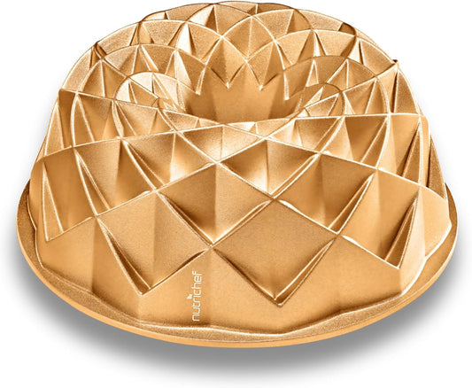 NutriChef 9-Inch Cake Pan - Thick and Heavy Cast Aluminum Bakeware Cake Mold with 2 Layers of Nonstick Coating - French Wreath Design for Uniform Baking Up To 500 Degrees - Easy to Clean, Gold