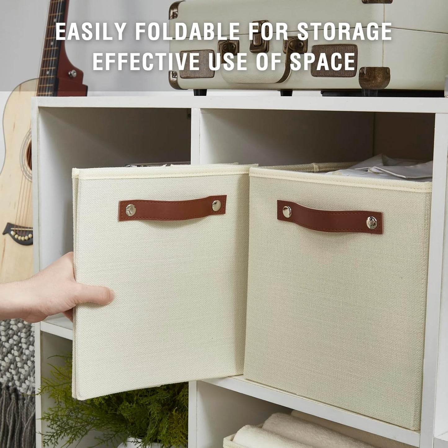 Collapsible Fabric Storage Cube Bins with 2 Reinforced PU Handles, Foldable Storage Organizer Baskets for Closet, Shelves, Living Room | 11"x11"x11", 4 Pack, Full Beige