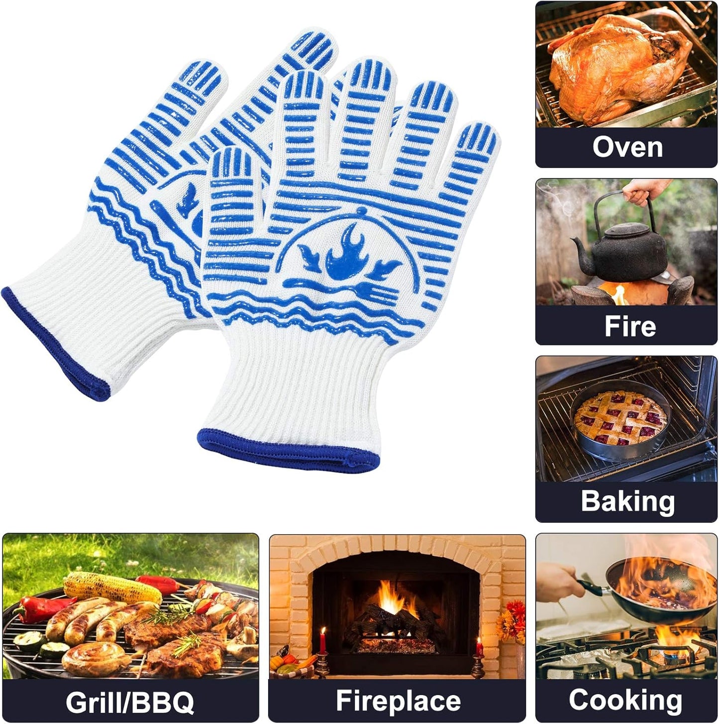 Oven Gloves 1472°F Extreme Heat Resistant BBQ Gloves, Flexible Grill Gloves Non-Slip Food Grade Silicone Oven Mitts for Kitchen, Cooking, Barbecue, Baking, Smoker (11inch)