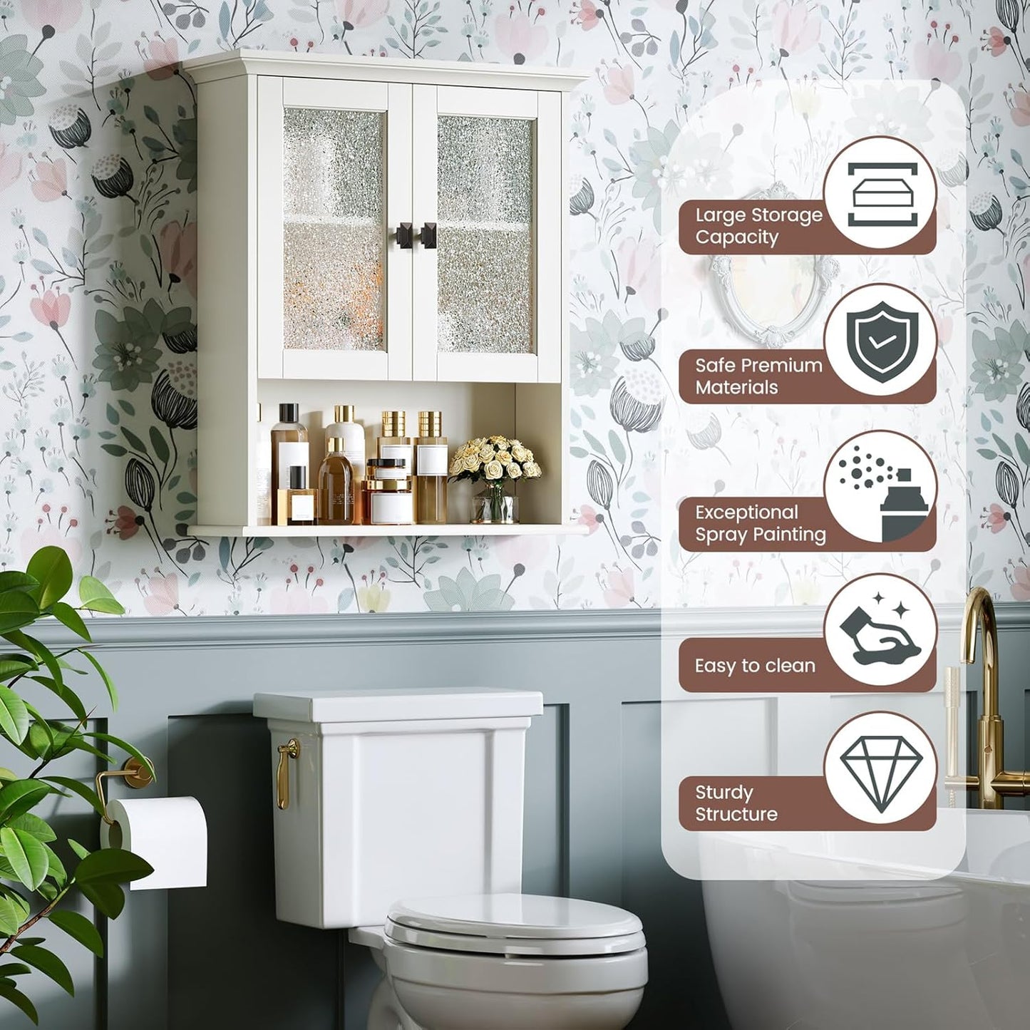 Bathroom Cabinet Wall Mount, Over Toilet Storage Cabinet with Glass Door Build-in Spirit Level Cupboard Hanging Medicine Cabinet for Bathroom Laundry Kitchen Living Room (Cream White)