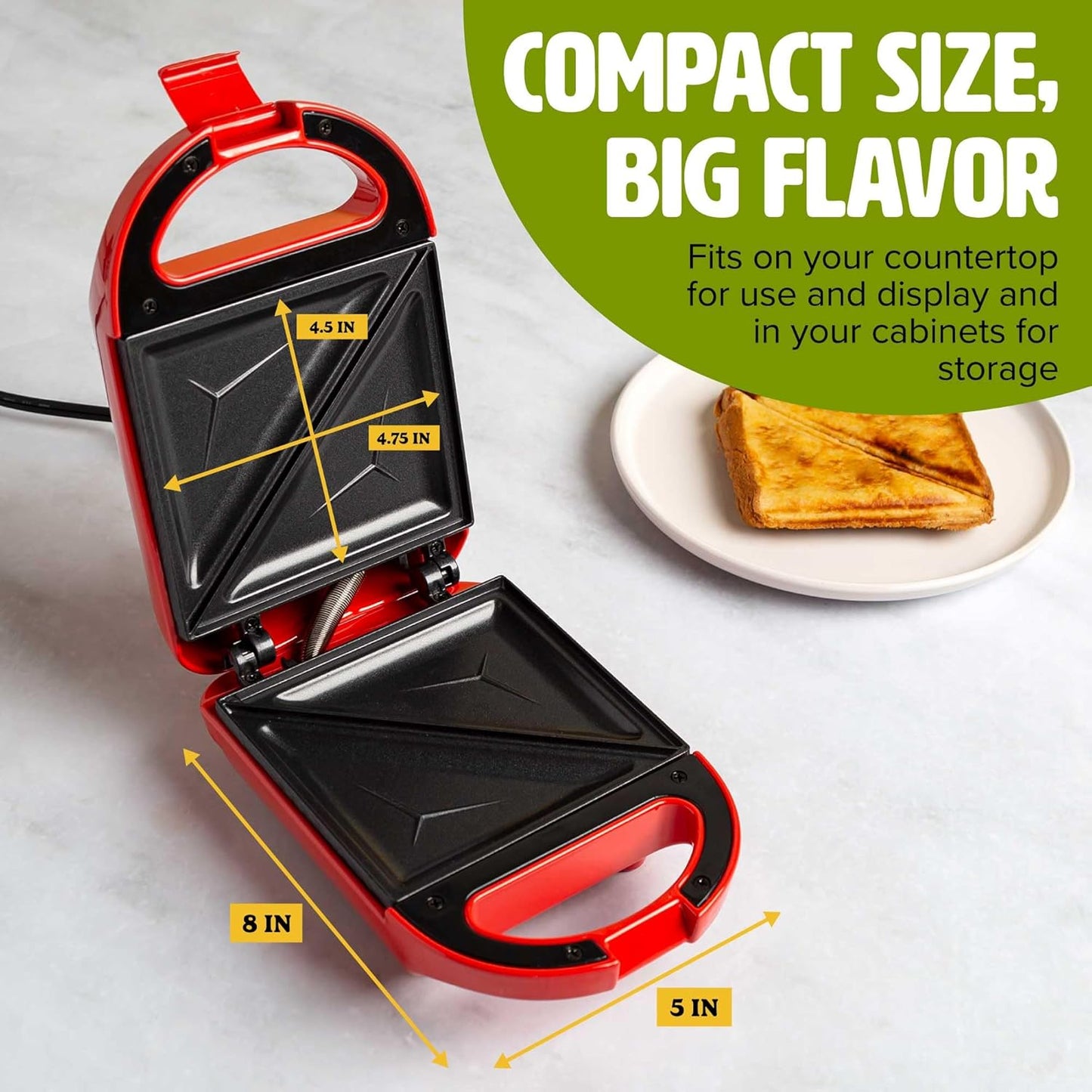 Tasty Mini Sandwich Maker, Makes Sandwiches, Paninis, Grilled Cheese, Desserts, Quick Results, Easy Cleanup, 600W, Red