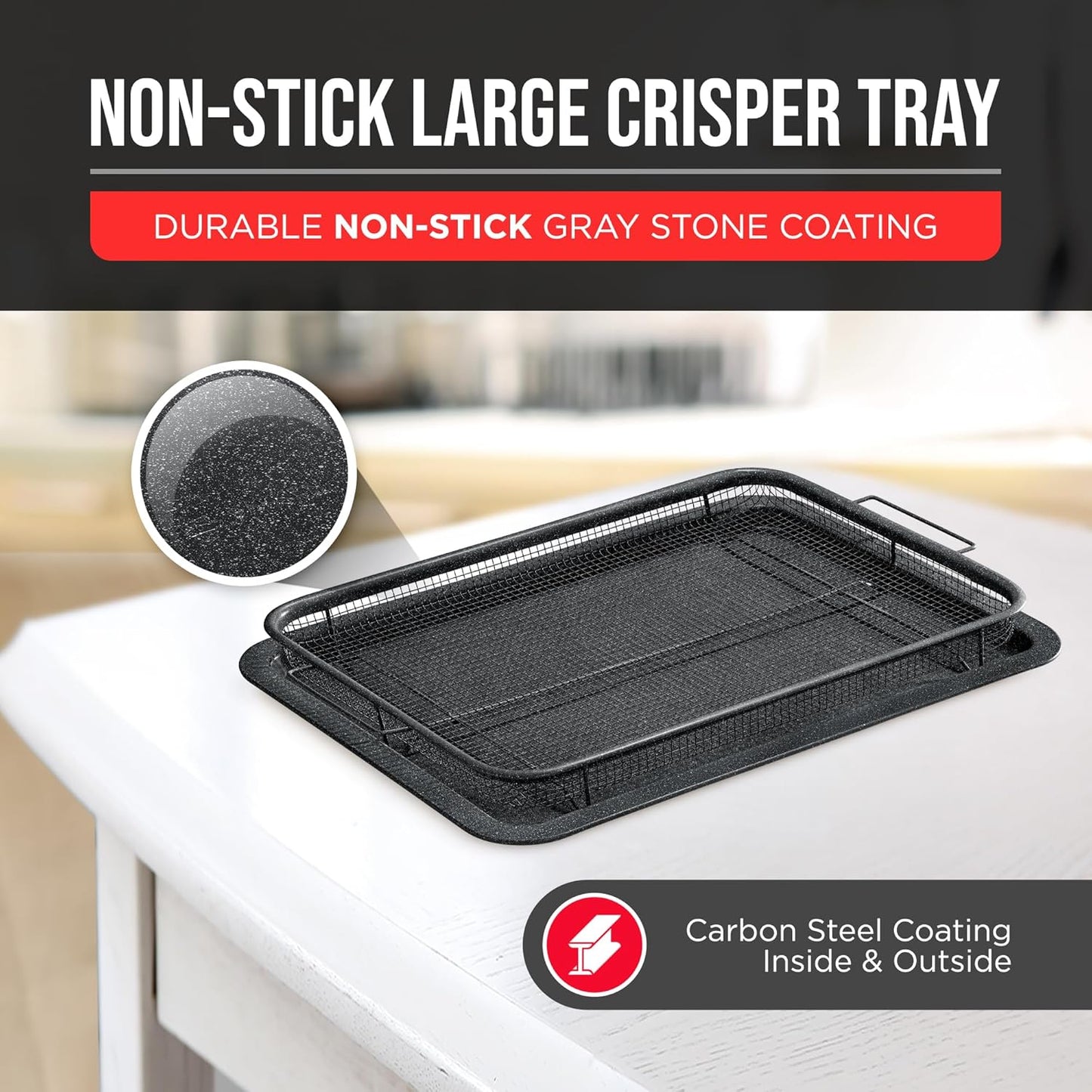 Crisper Tray Gray marble Coating - 2-Piece Set, Non-Stick Basket Design for Healthier Cooking in Regular Ovens - Make Great Crispy Food, Bacon and More, Extra Large Size 19" x 13"