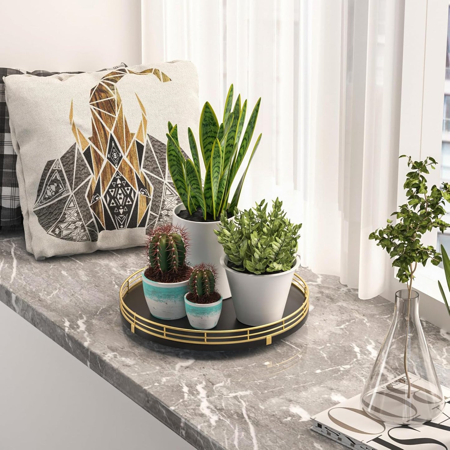 10" Oak Wood Decorative Tray for Home Decor, Tray for Coffee Table Decor Perfume Nightstand Vanity Bathroom Trays for Counter Candle Jewelry Makeup Farmhouse Table Centerpiece for Dining Room Gold