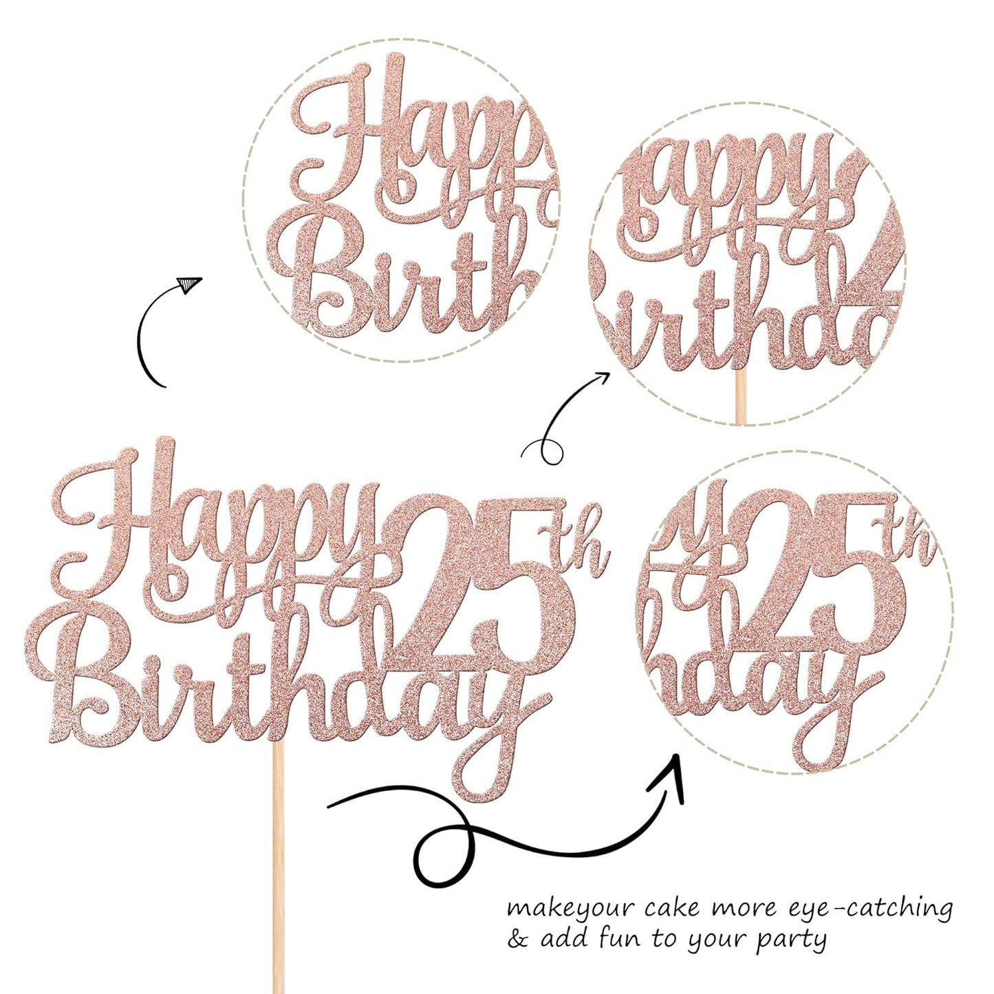 1 PCS Happy 25th Birthday Cake Topper Glitter Cheers to 25 Years Birthday Cake Pick 25 Fabulous Cake Decoration for Happy 25th Birthday Theme Party Decorations Supplies Rose Gold